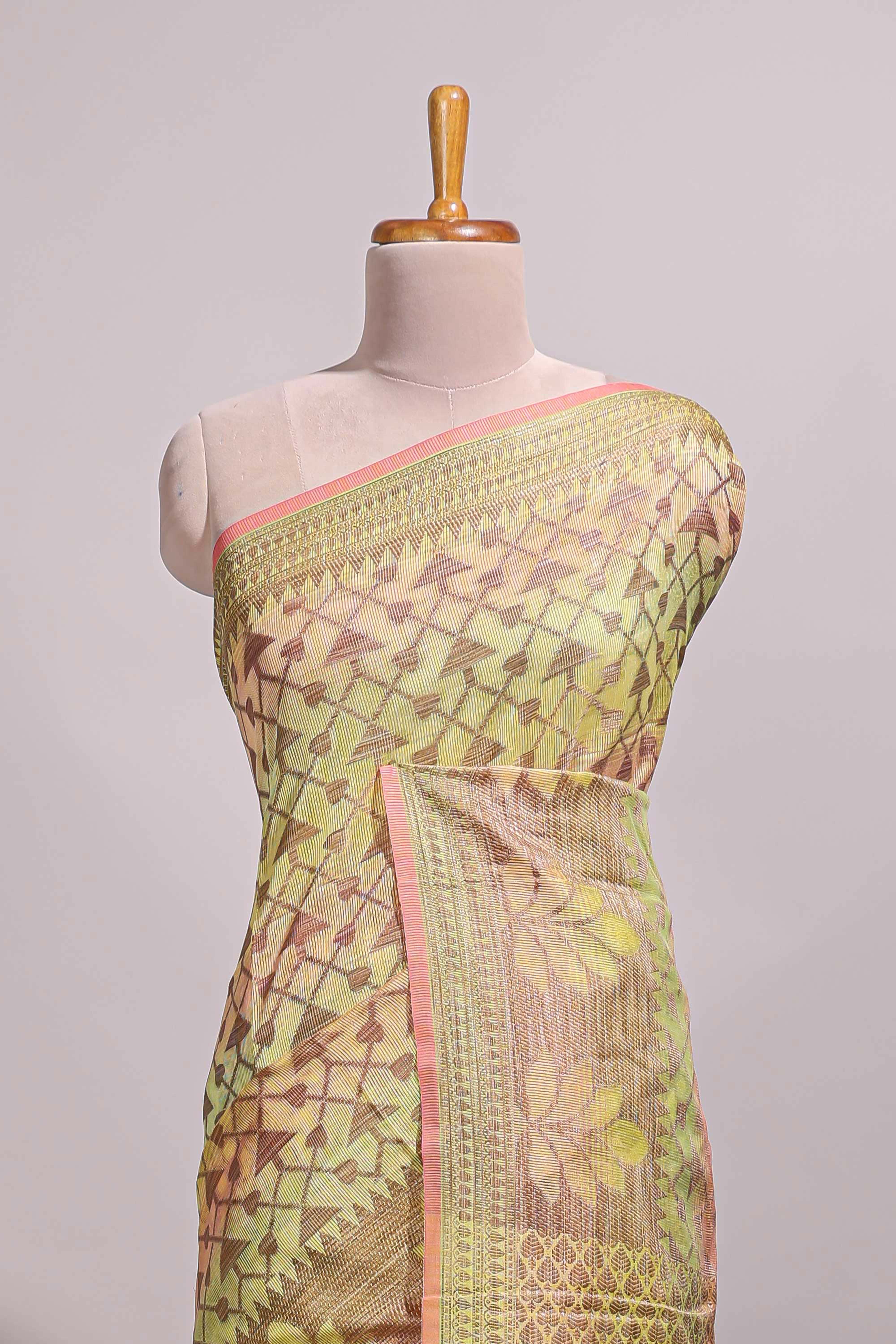 Multi color geometric design semi tussar saree with self border and printed blouse