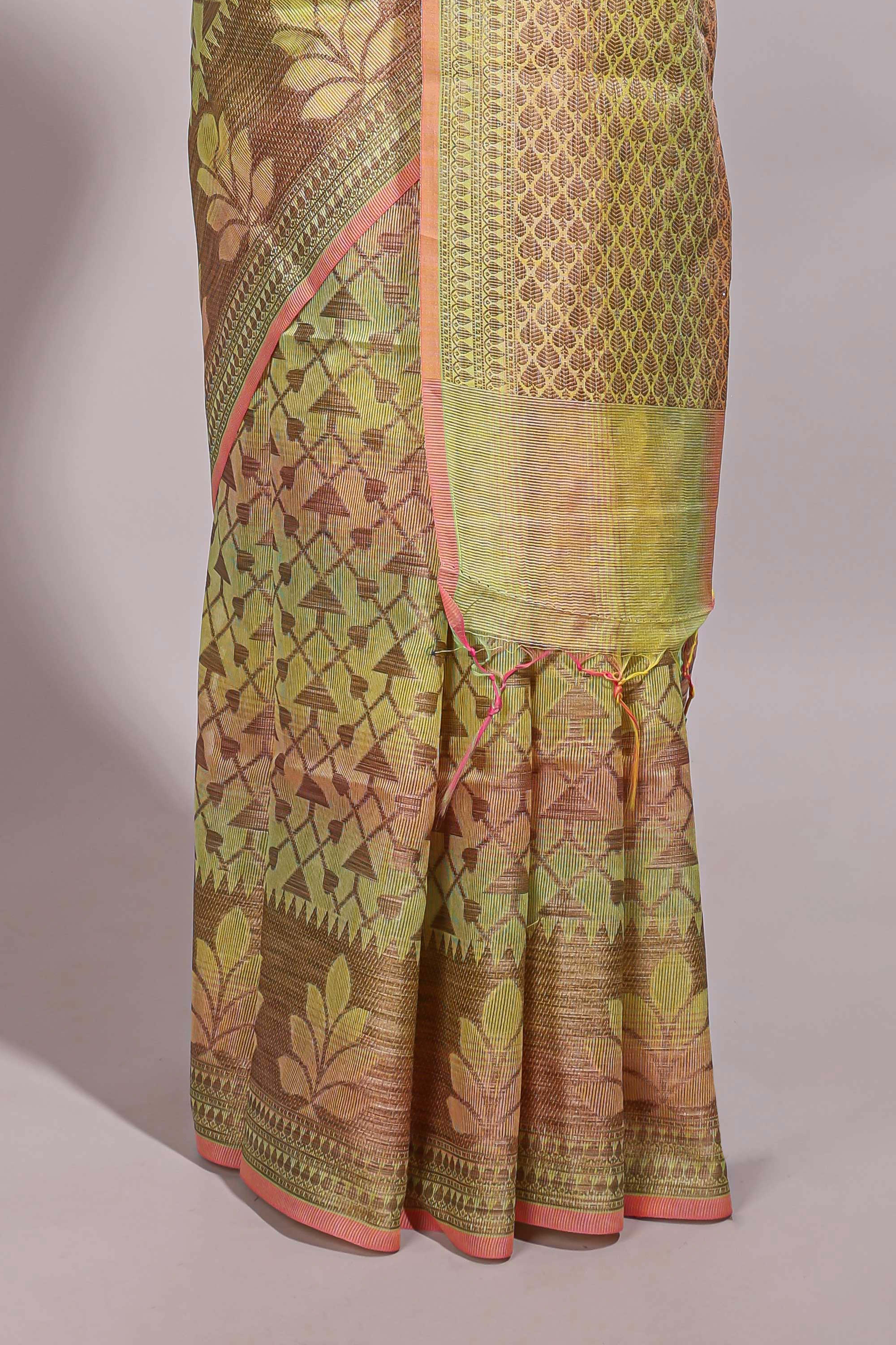 Multi color geometric design semi tussar saree with self border and printed blouse