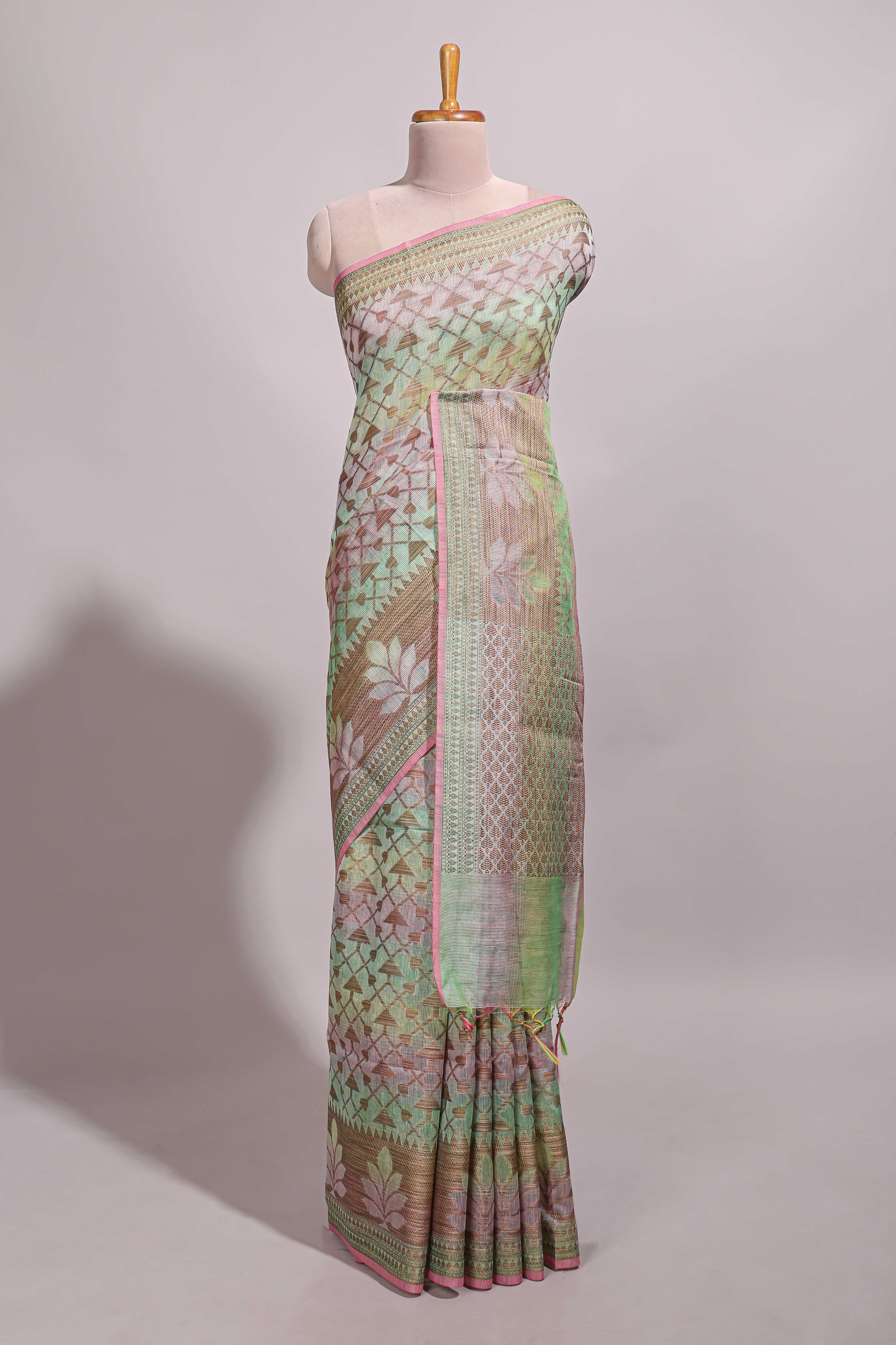 Multi color geometric design semi tussar saree with self border and printed blouse