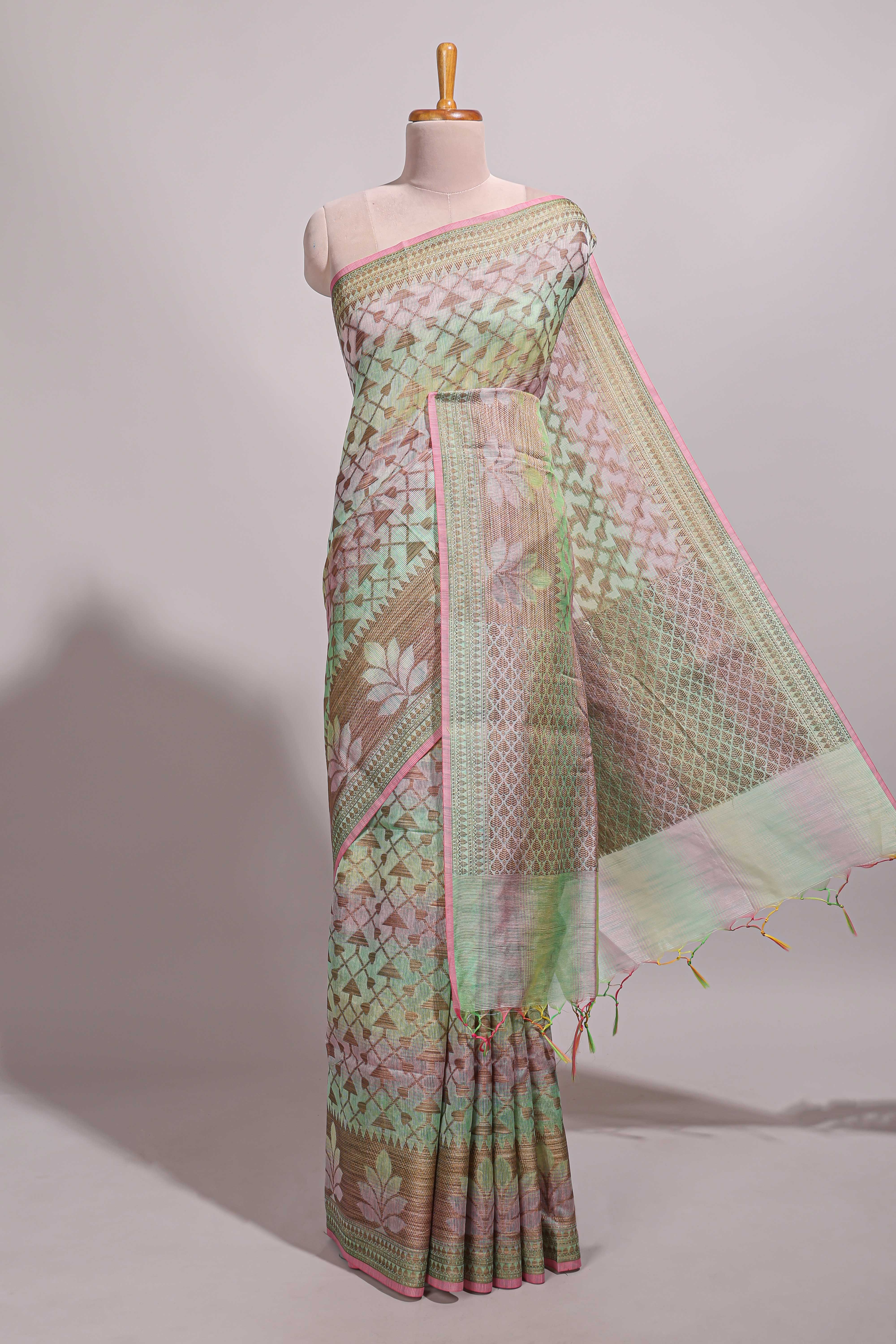 Multi color geometric design semi tussar saree with self border and printed blouse