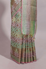 Multi color geometric design semi tussar saree with self border and printed blouse