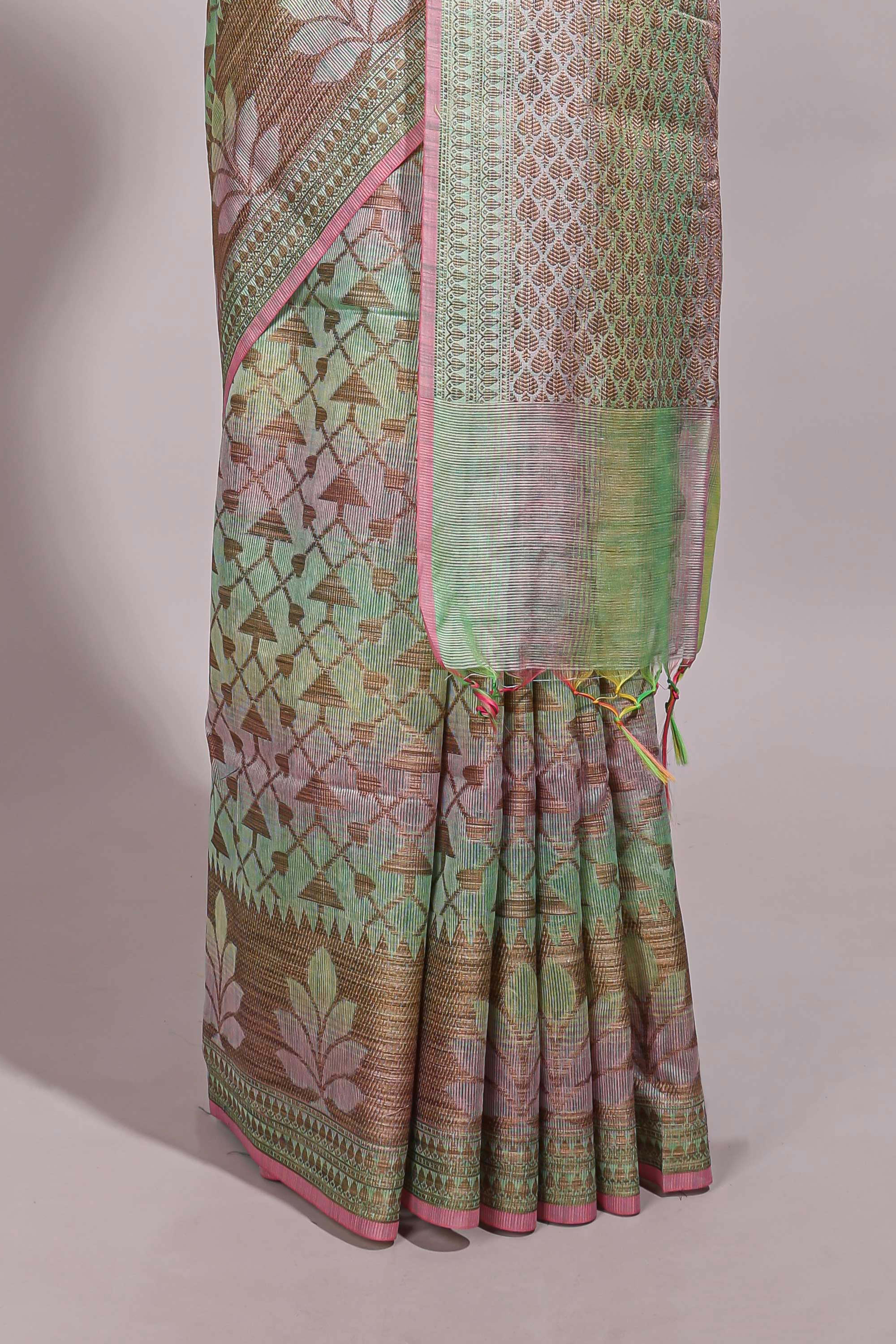 Multi color geometric design semi tussar saree with self border and printed blouse
