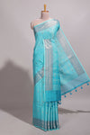 Blue jacquard floral zari motifs design semi tussar saree with self border and matching blouse