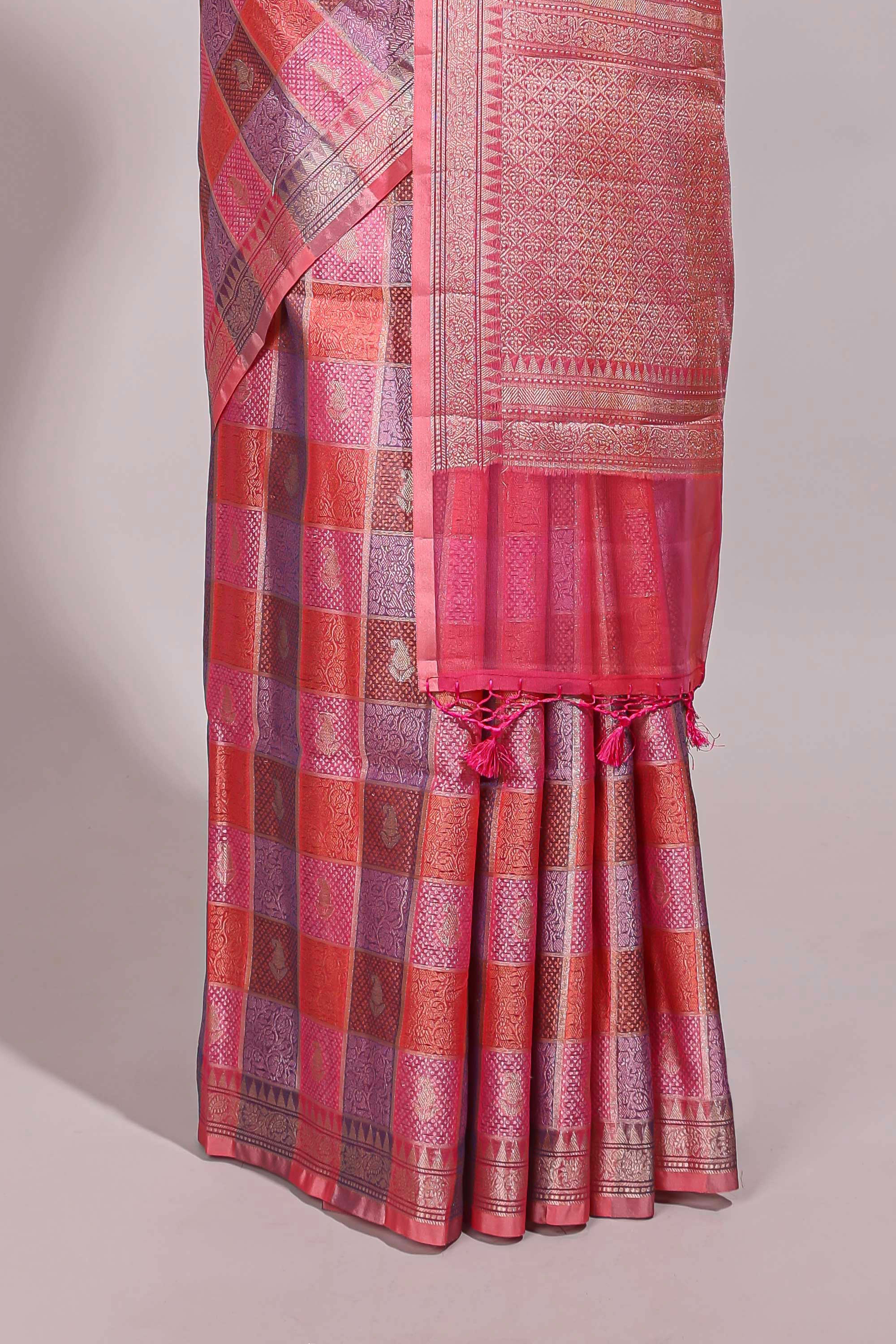 Multi color checked zari motifs design semi tussar saree with self border and matching blouse