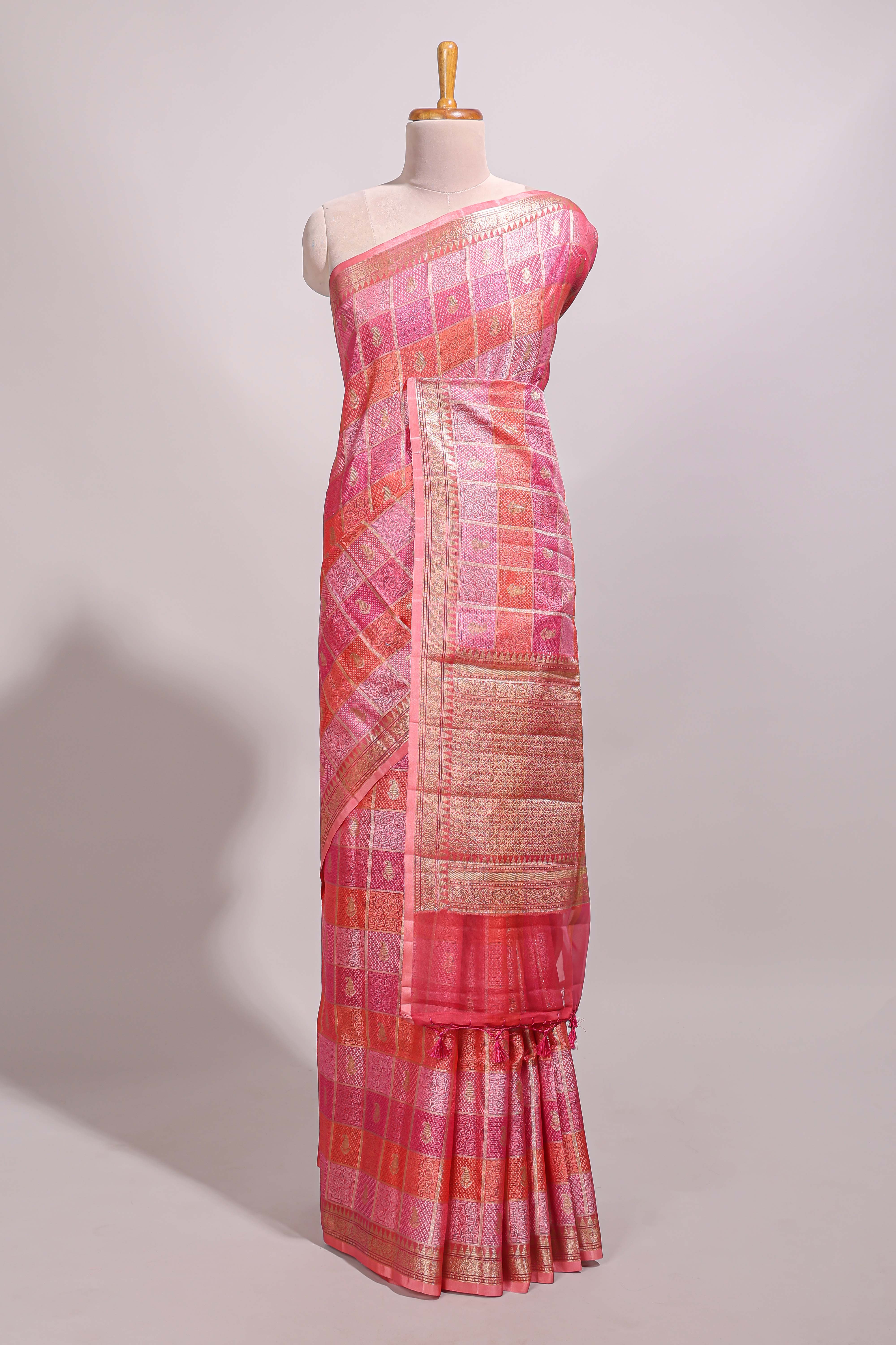 Multi color checked zari motifs design semi tussar saree with self border and matching blouse
