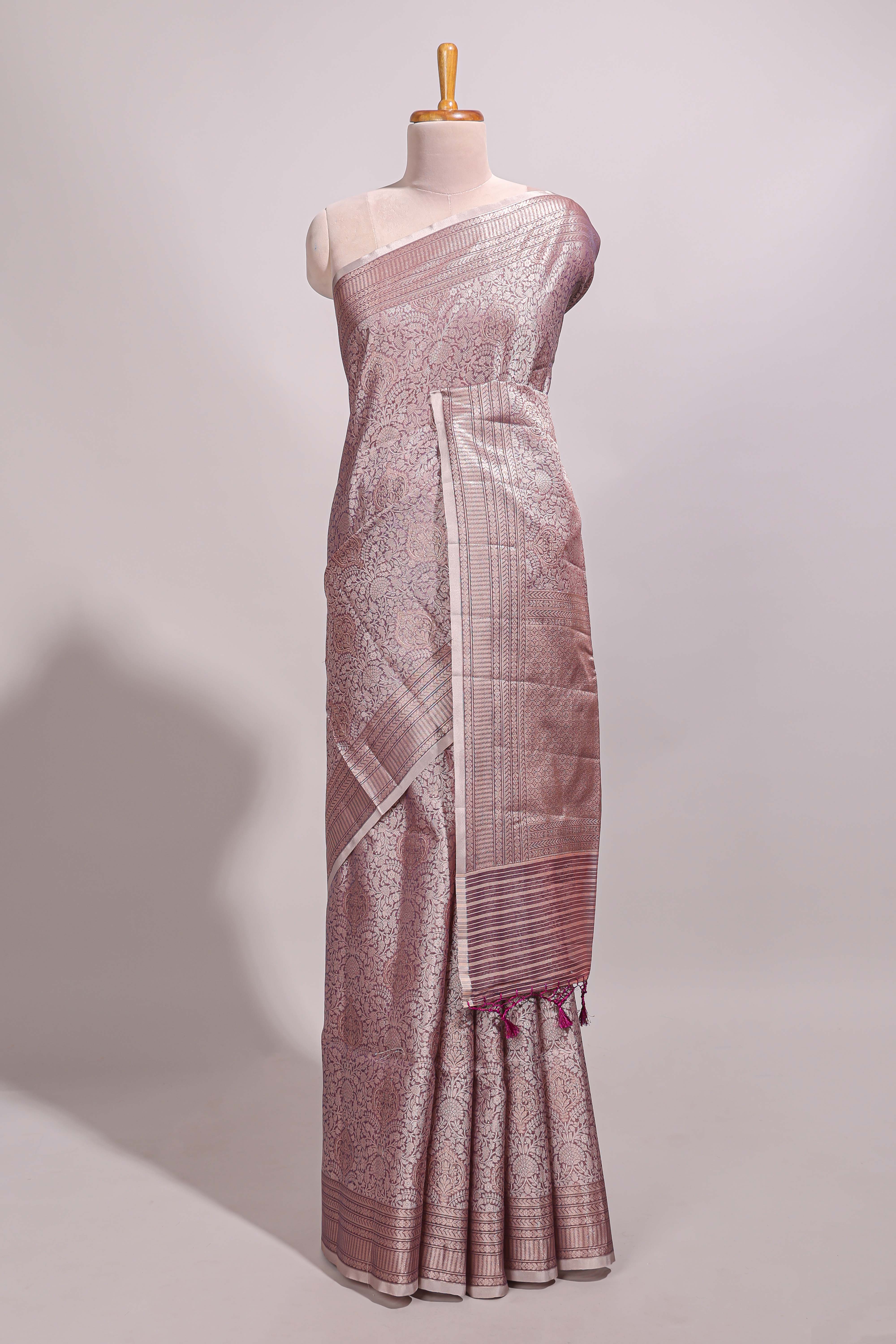 Dusky Pink jacquard floral zari motifs design semi tussar saree with self border and matching blouse