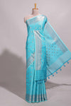 Blue jacquard floral zari motifs design semi tussar saree with self border and matching blouse