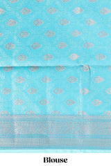 Blue jacquard floral zari motifs design semi tussar saree with self border and matching blouse