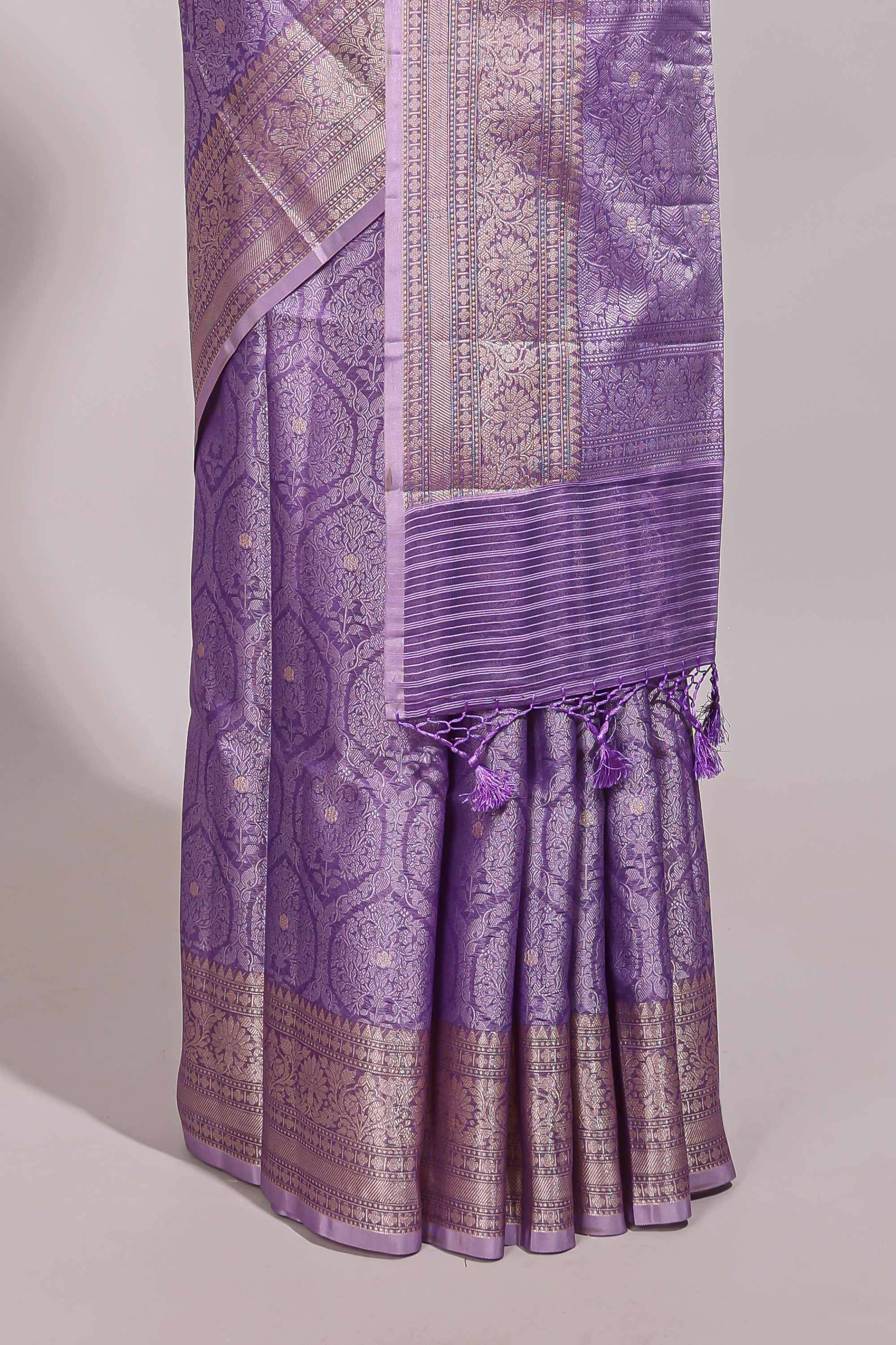 Lavender jacquard floral zari motifs design semi tussar saree with self border and matching blouse