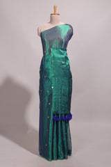 Borderless green sequins embroidery design semi tussar saree with matching blouse and contrast tassels