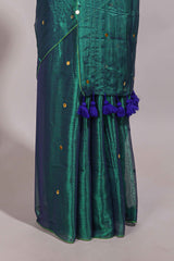 Borderless green sequins embroidery design semi tussar saree with matching blouse and contrast tassels