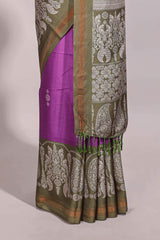 Violet floral motifs semi tussar saree with contrast border and printed blouse