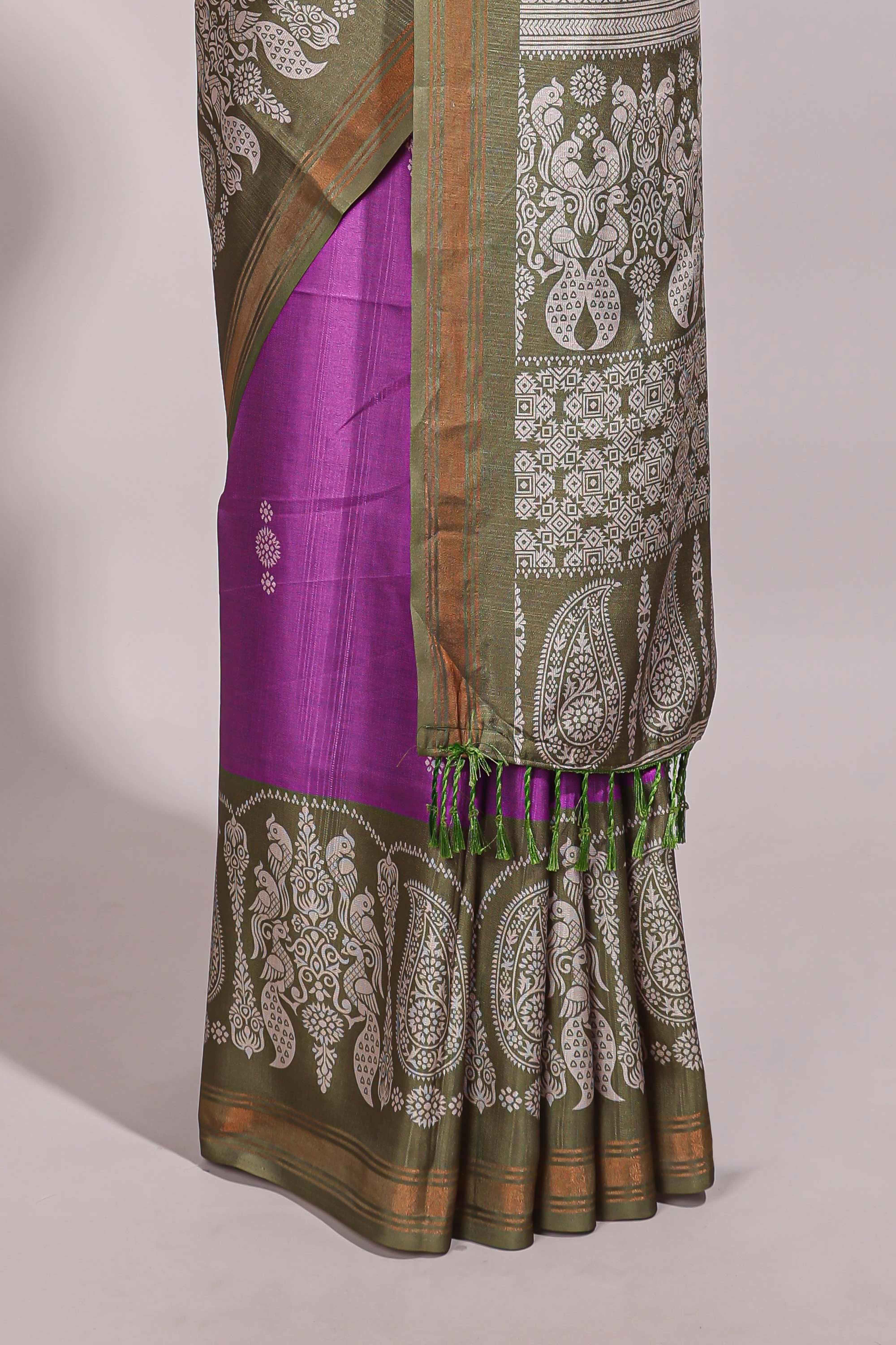 Violet floral motifs semi tussar saree with contrast border and printed blouse