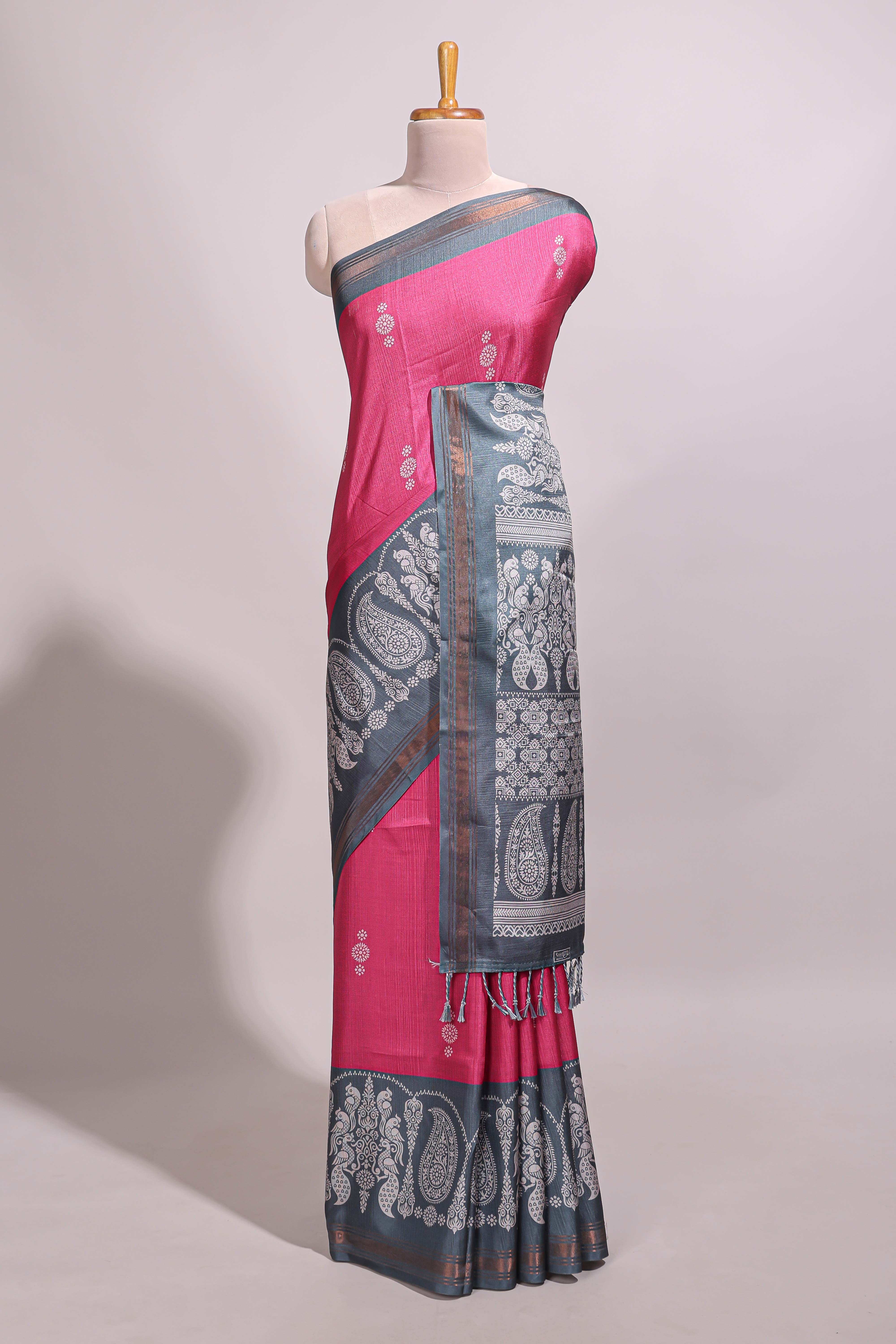 Pink floral motifs semi tussar saree with contrast border and printed blouse