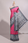 Pink floral motifs semi tussar saree with contrast border and printed blouse