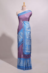 Mauve purple floral motifs semi tussar saree with contrast border and printed blouse