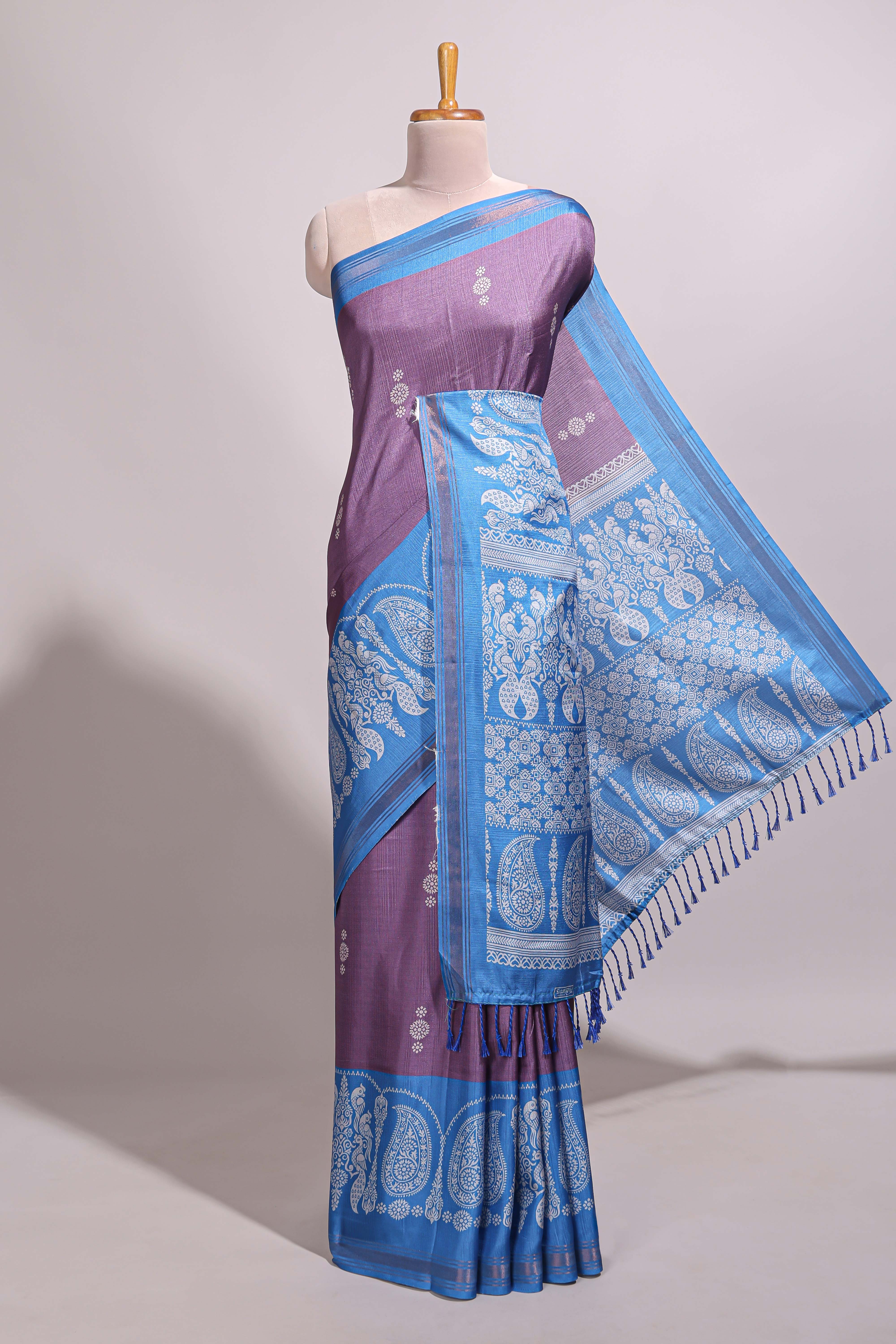Mauve purple floral motifs semi tussar saree with contrast border and printed blouse