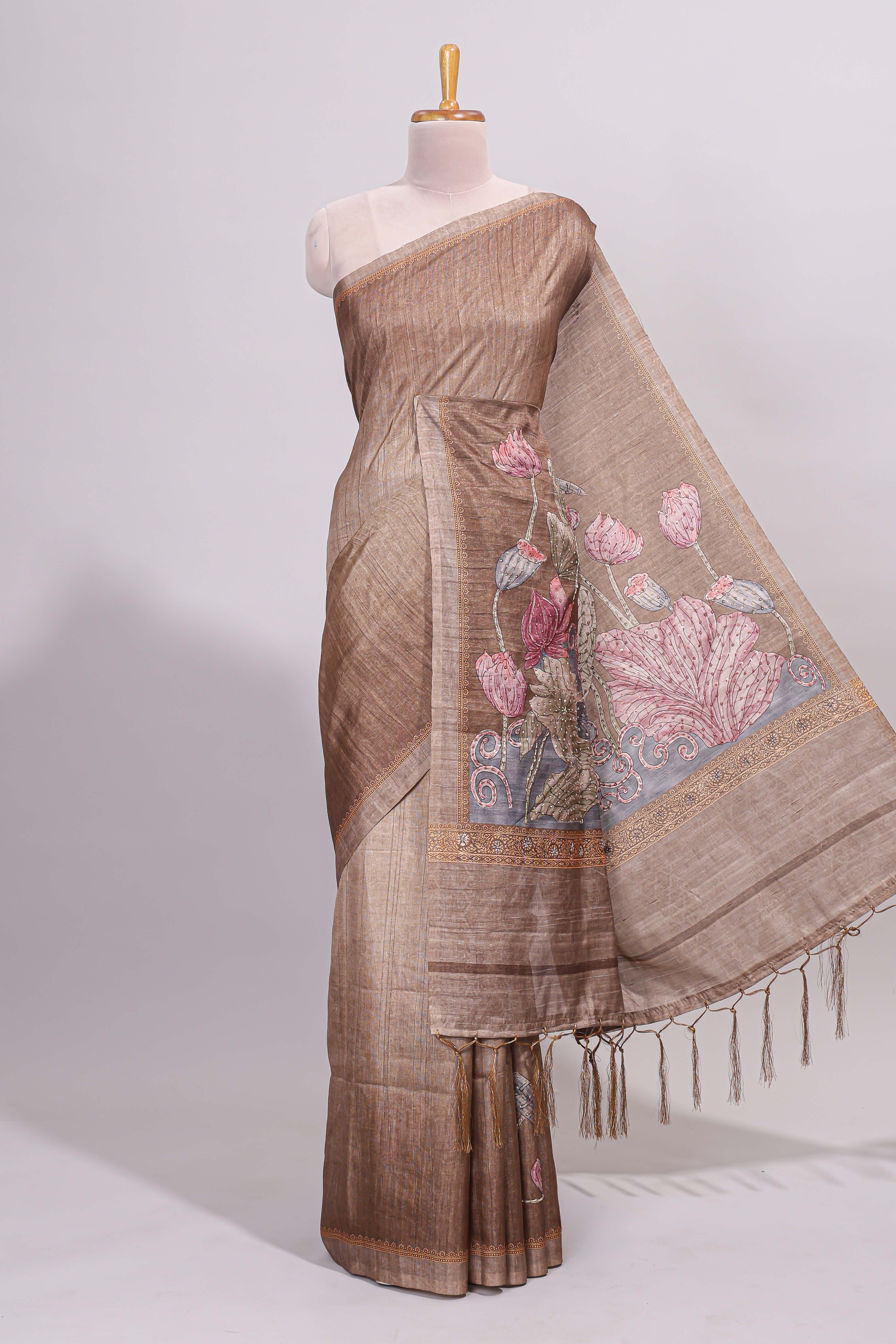 Brown floral design semi tussar saree with self border and matching printed blouse