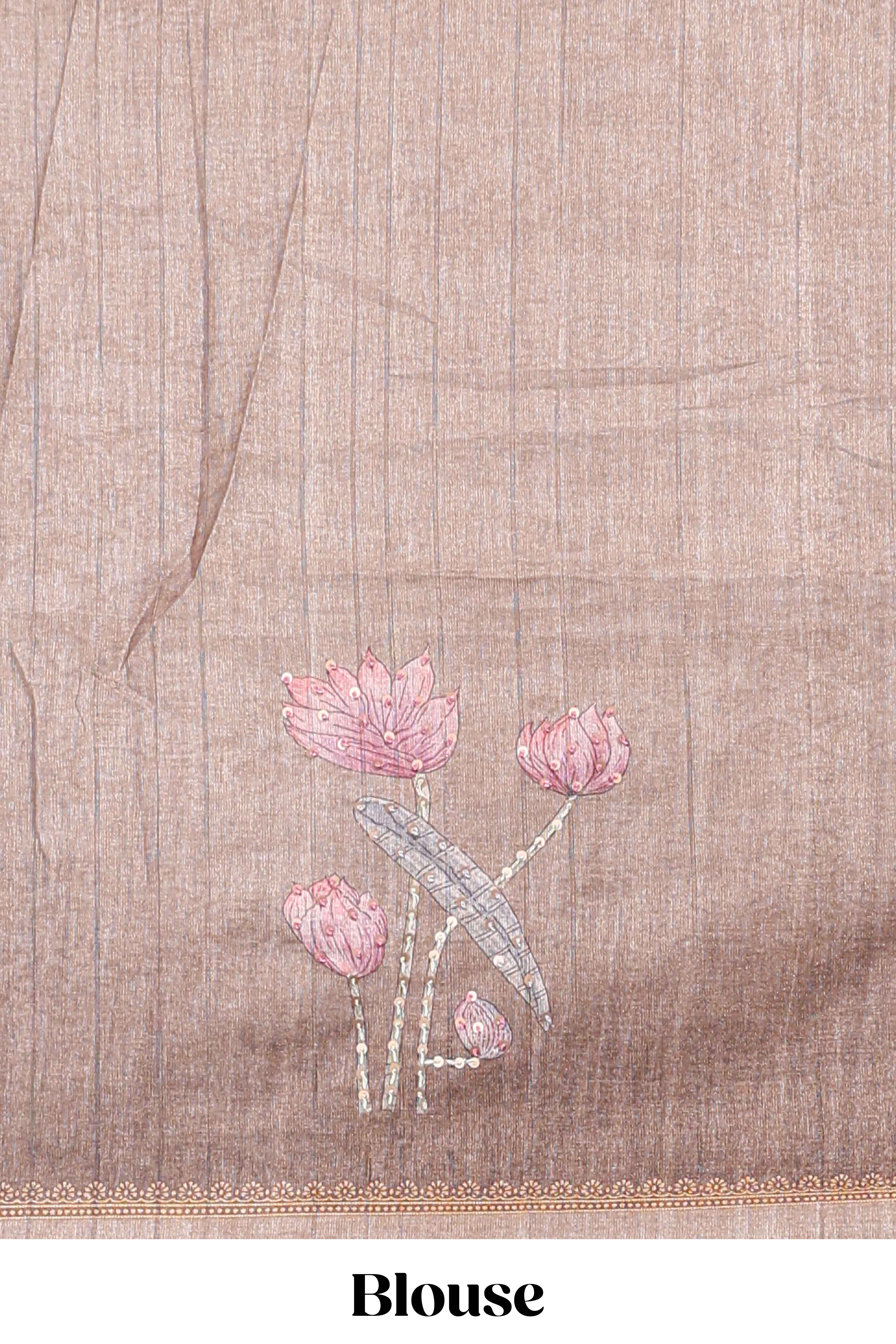 Brown floral design semi tussar saree with self border and matching printed blouse