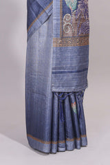 Blue floral design semi tussar saree with self border and matching printed blouse