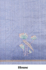 Blue floral design semi tussar saree with self border and matching printed blouse