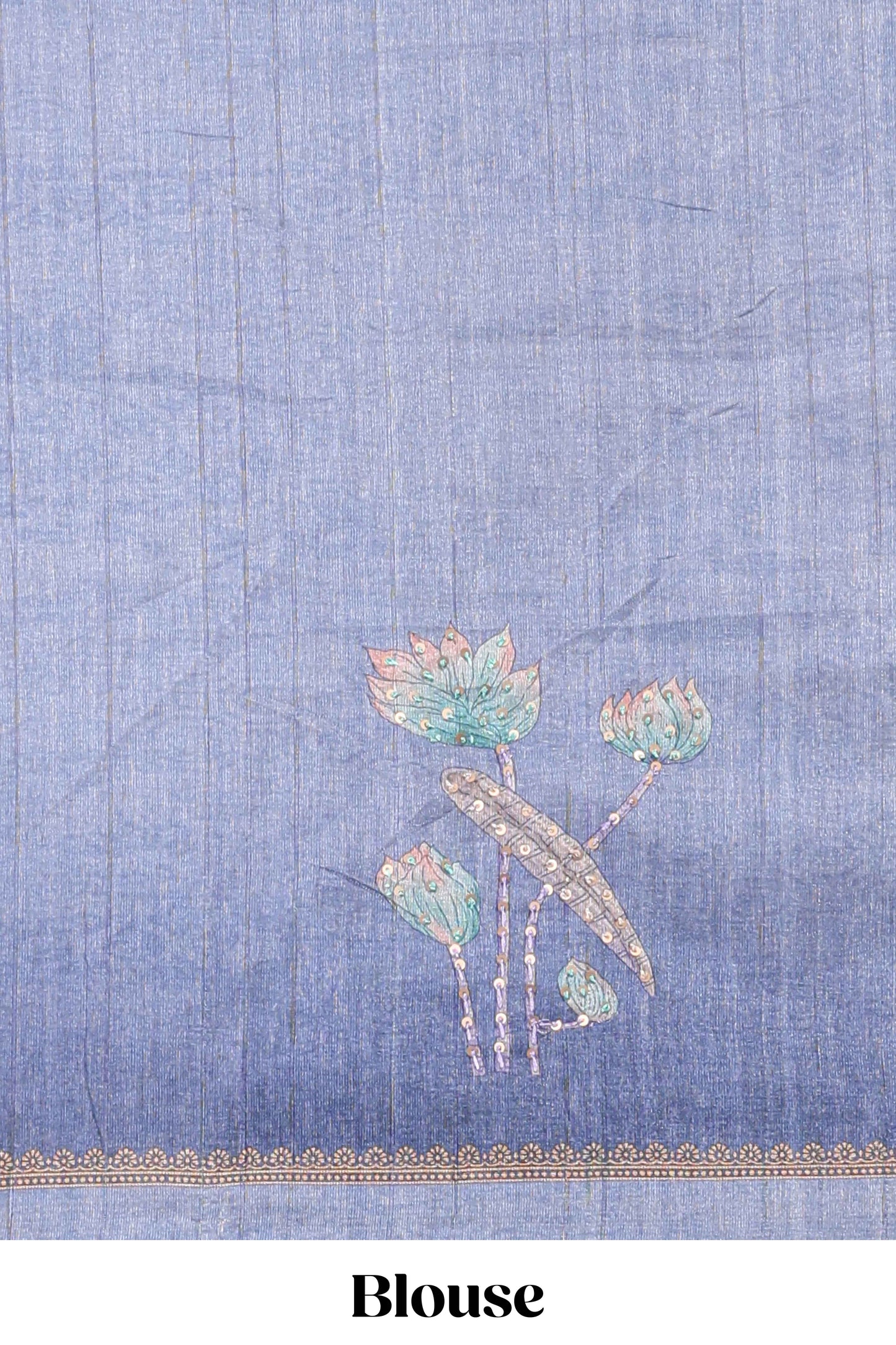 Blue floral design semi tussar saree with self border and matching printed blouse