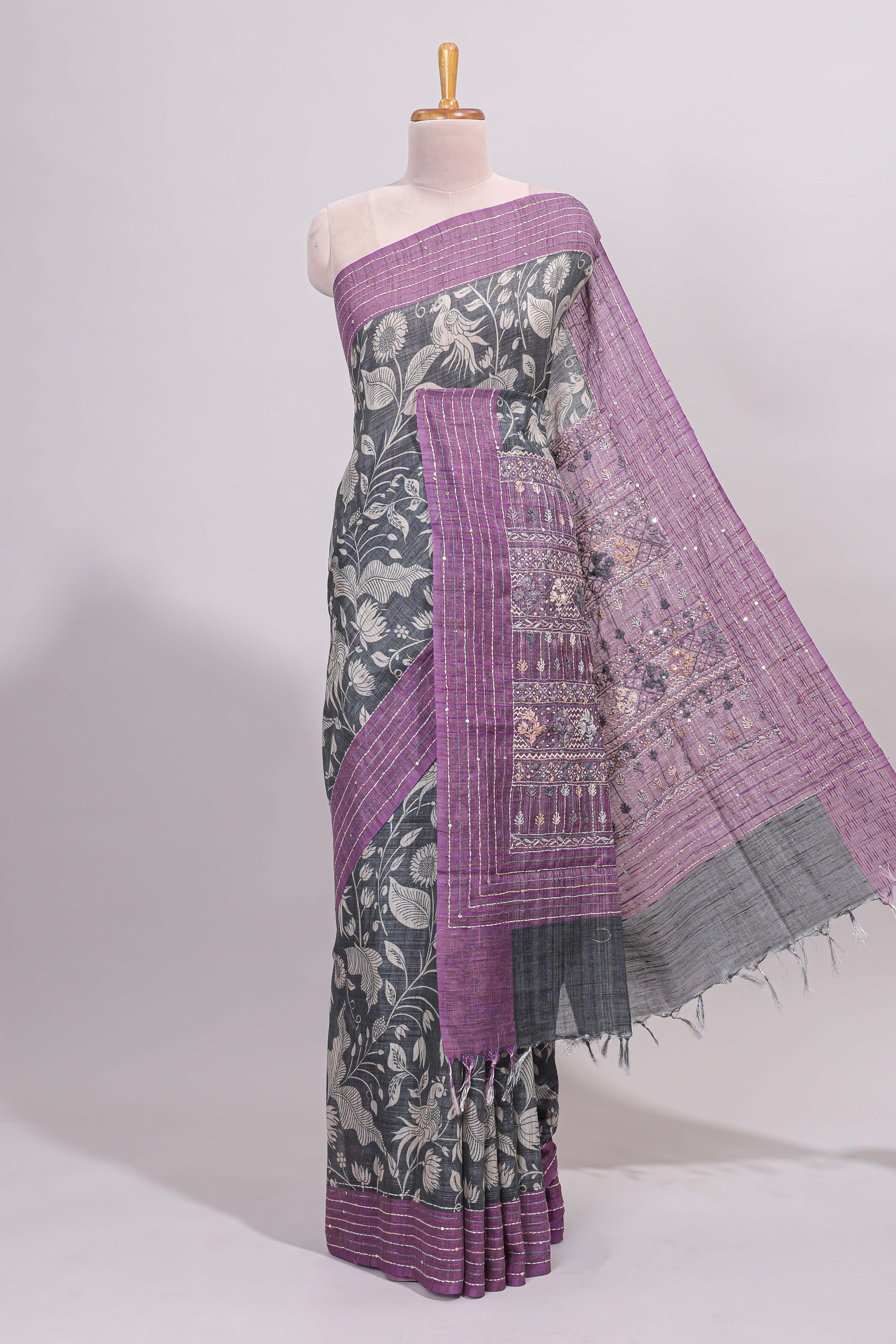 Grey floral design semi tussar saree with contrast lavender border and printed pallu