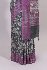 Grey floral design semi tussar saree with contrast lavender border and printed pallu