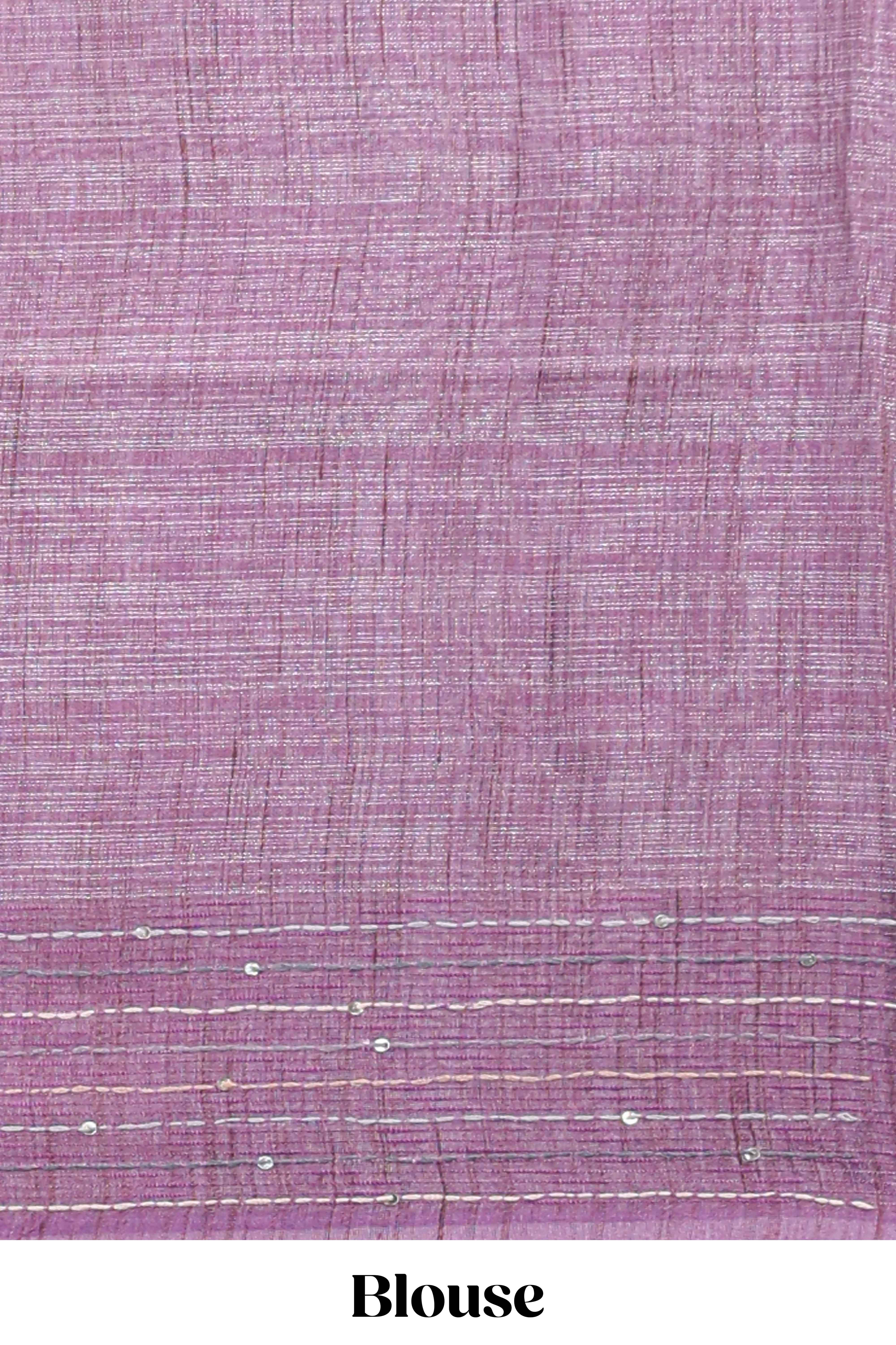 Grey floral design semi tussar saree with contrast lavender border and printed pallu