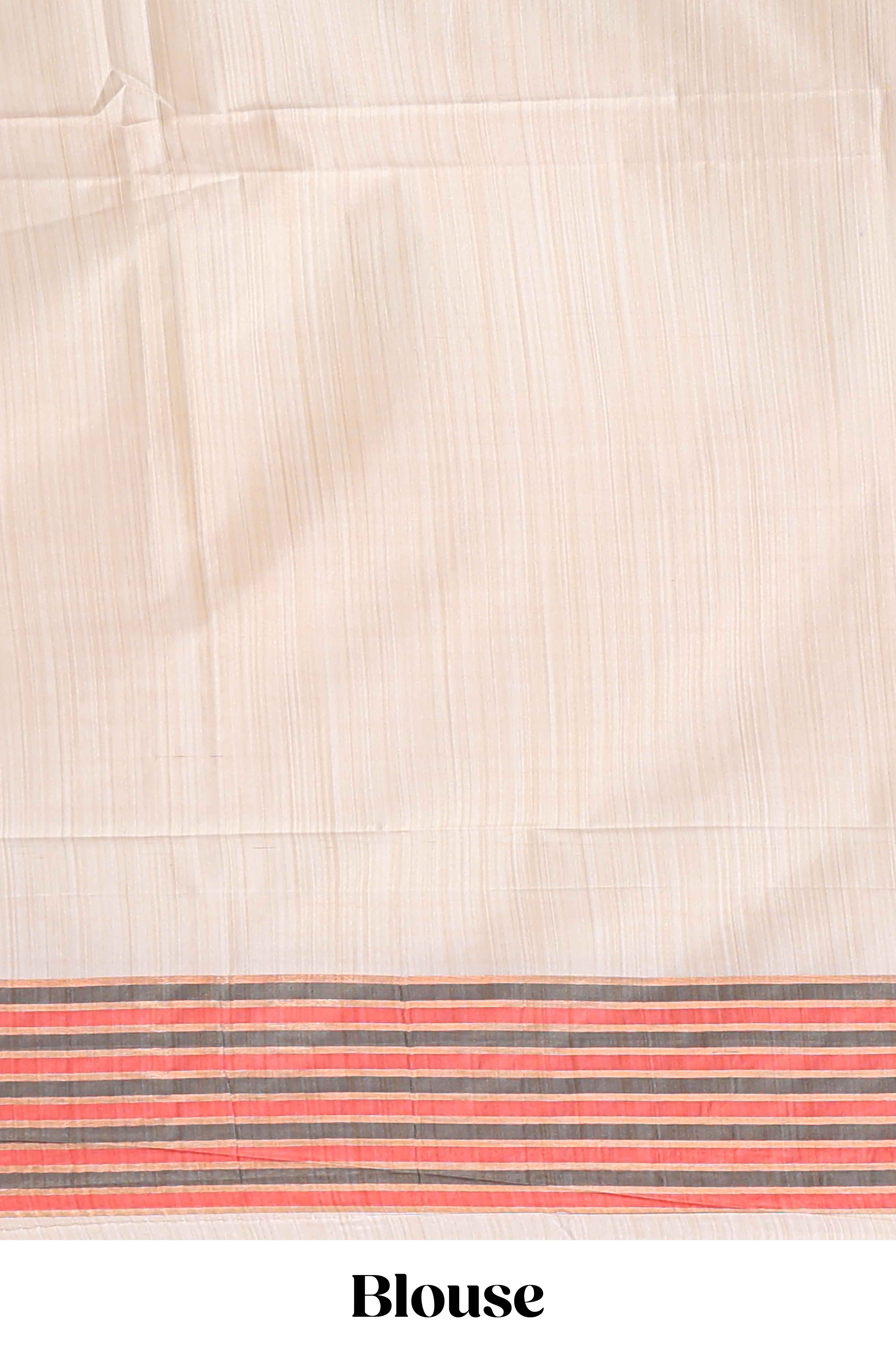 Off white ikkat design semi tussar saree with contrast dual shade border and matching striped blouse