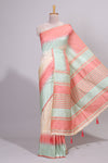 Off white ikkat design semi tussar saree with contrast dual shade border and matching striped blouse