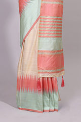 Off white ikkat design semi tussar saree with contrast dual shade border and matching striped blouse