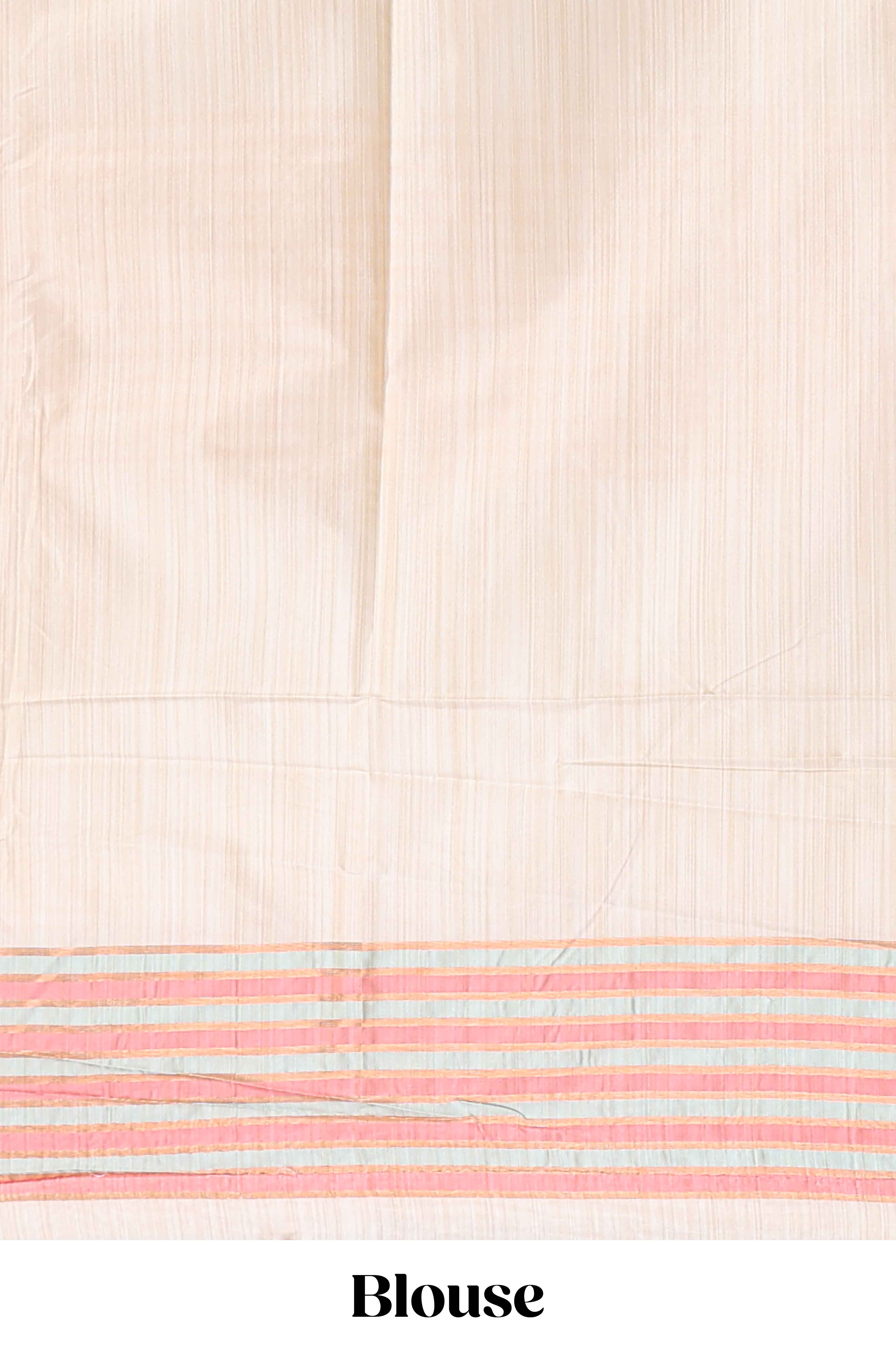 Off white ikkat design semi tussar saree with contrast dual shade border and matching striped blouse