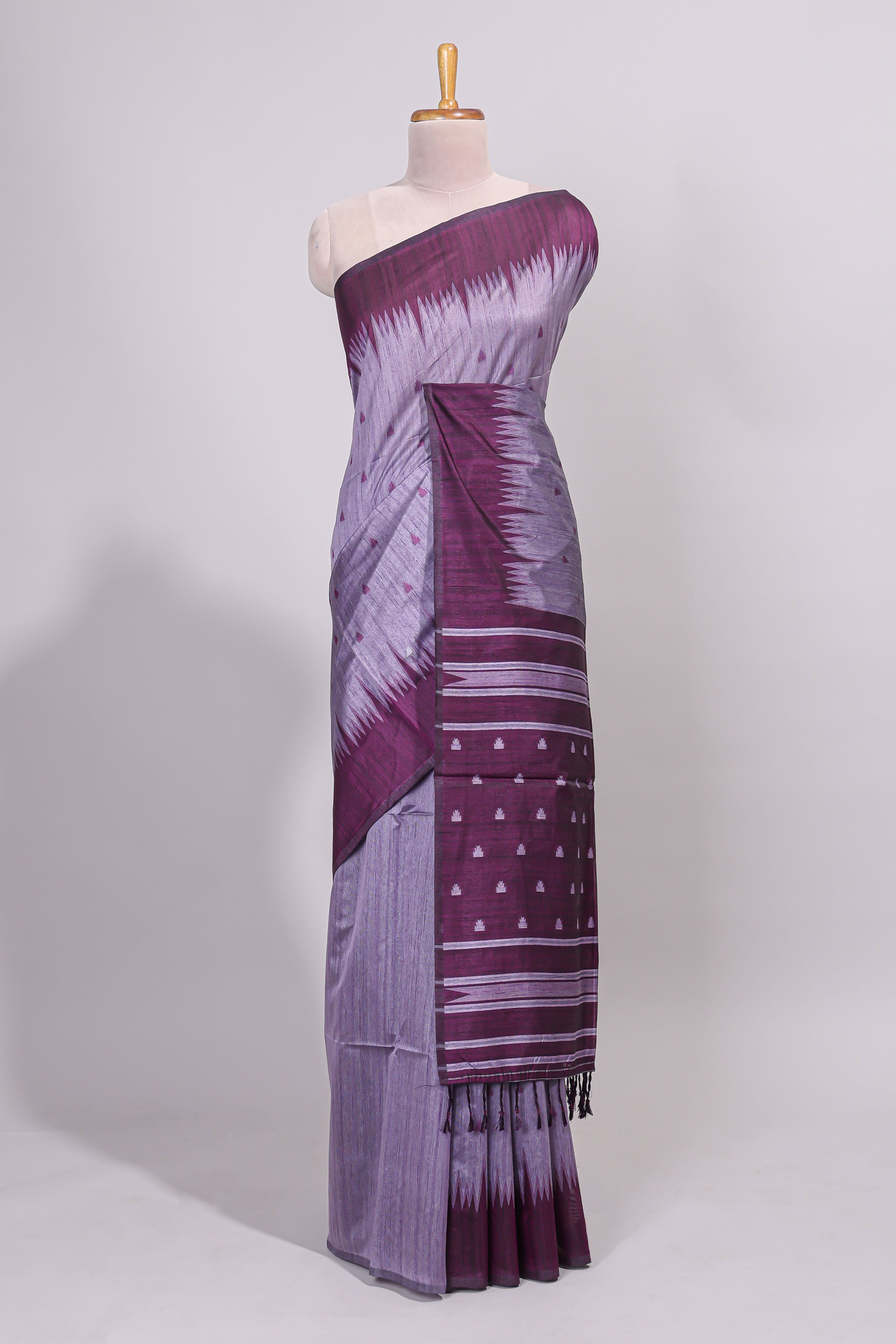 Lavender ikkat motifs design semi tussar saree with contrast border and striped blouse