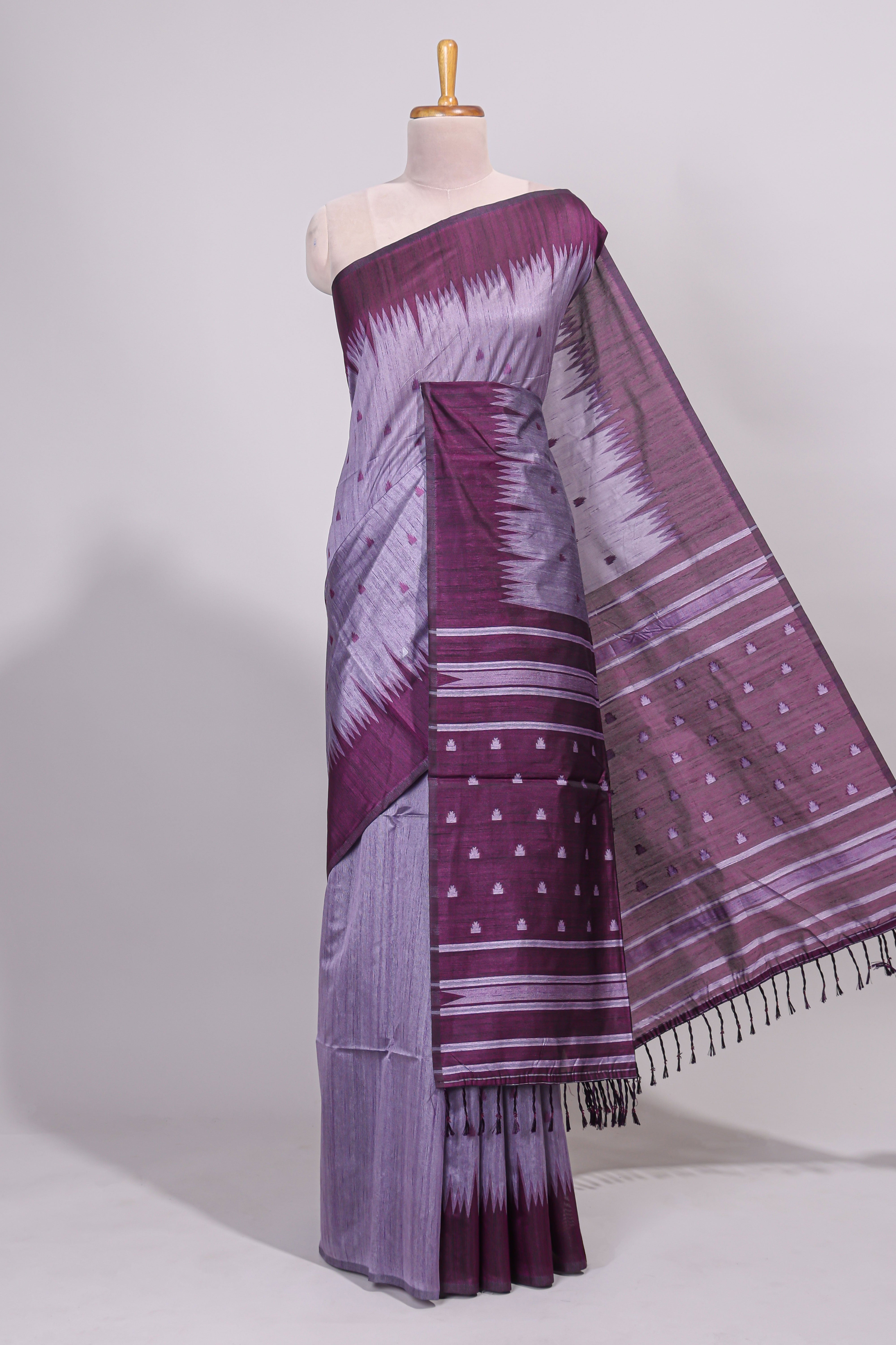 Lavender ikkat motifs design semi tussar saree with contrast border and striped blouse