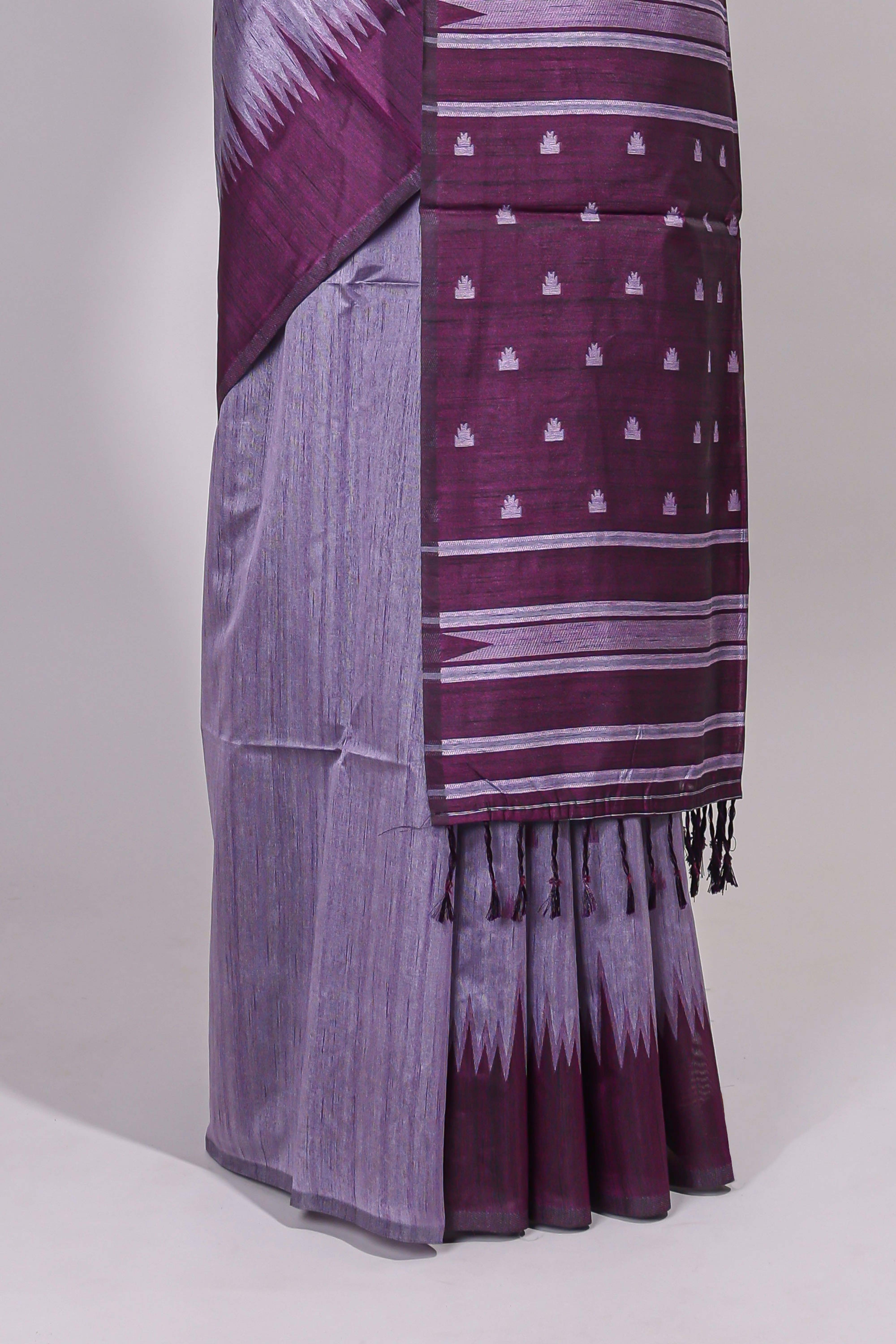 Lavender ikkat motifs design semi tussar saree with contrast border and striped blouse