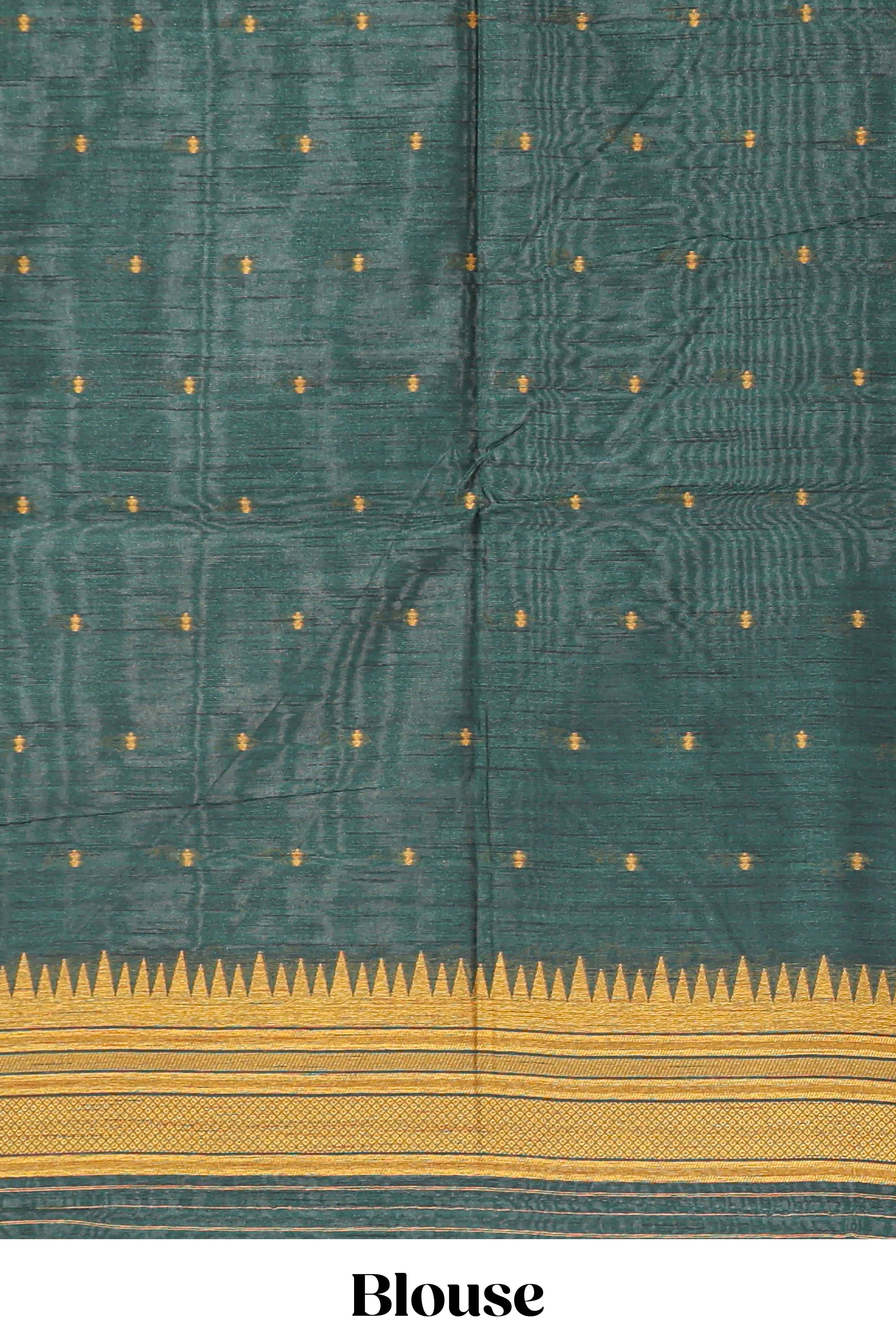 Mustard ikkat motifs design semi tussar saree with contrast green border and striped blouse
