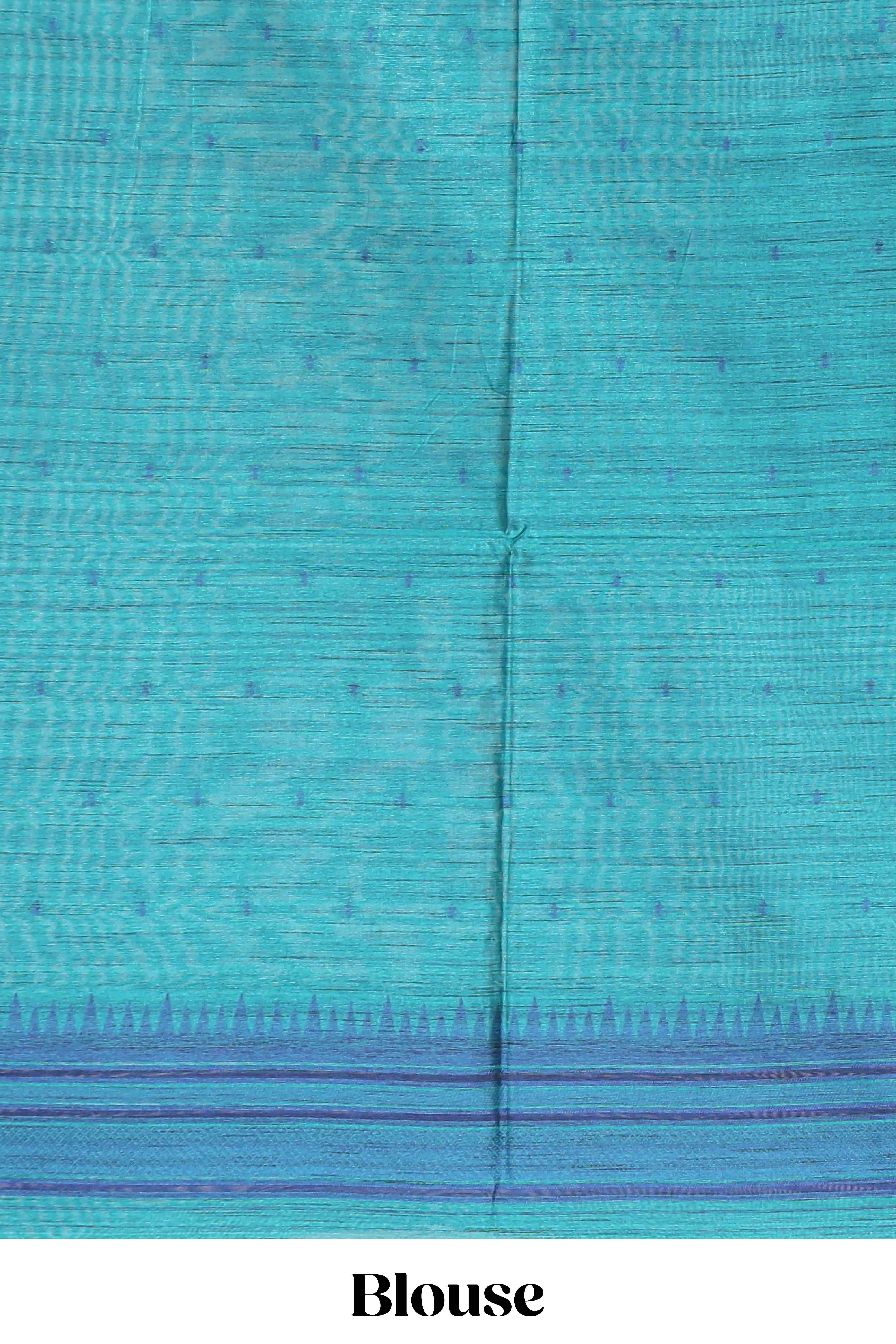 Blue ikkat motifs design semi tussar saree with contrast border and striped blouse