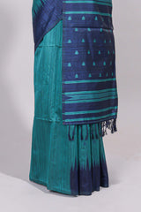 Green ikkat motifs design semi tussar saree with contrast border and striped blouse