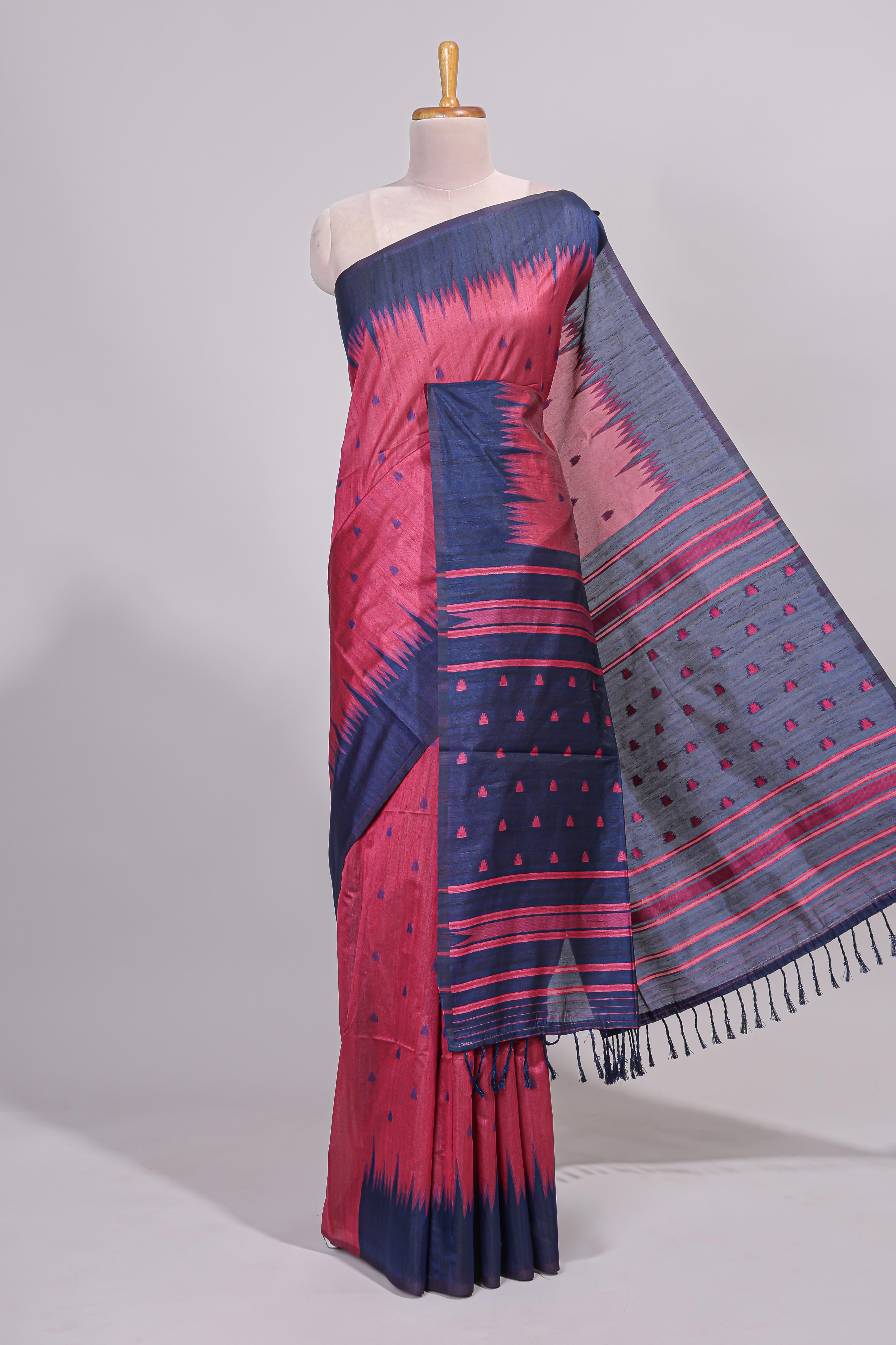 Pink ikkat motifs design semi tussar saree with contrast border and striped blouse