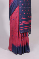 Pink ikkat motifs design semi tussar saree with contrast border and striped blouse