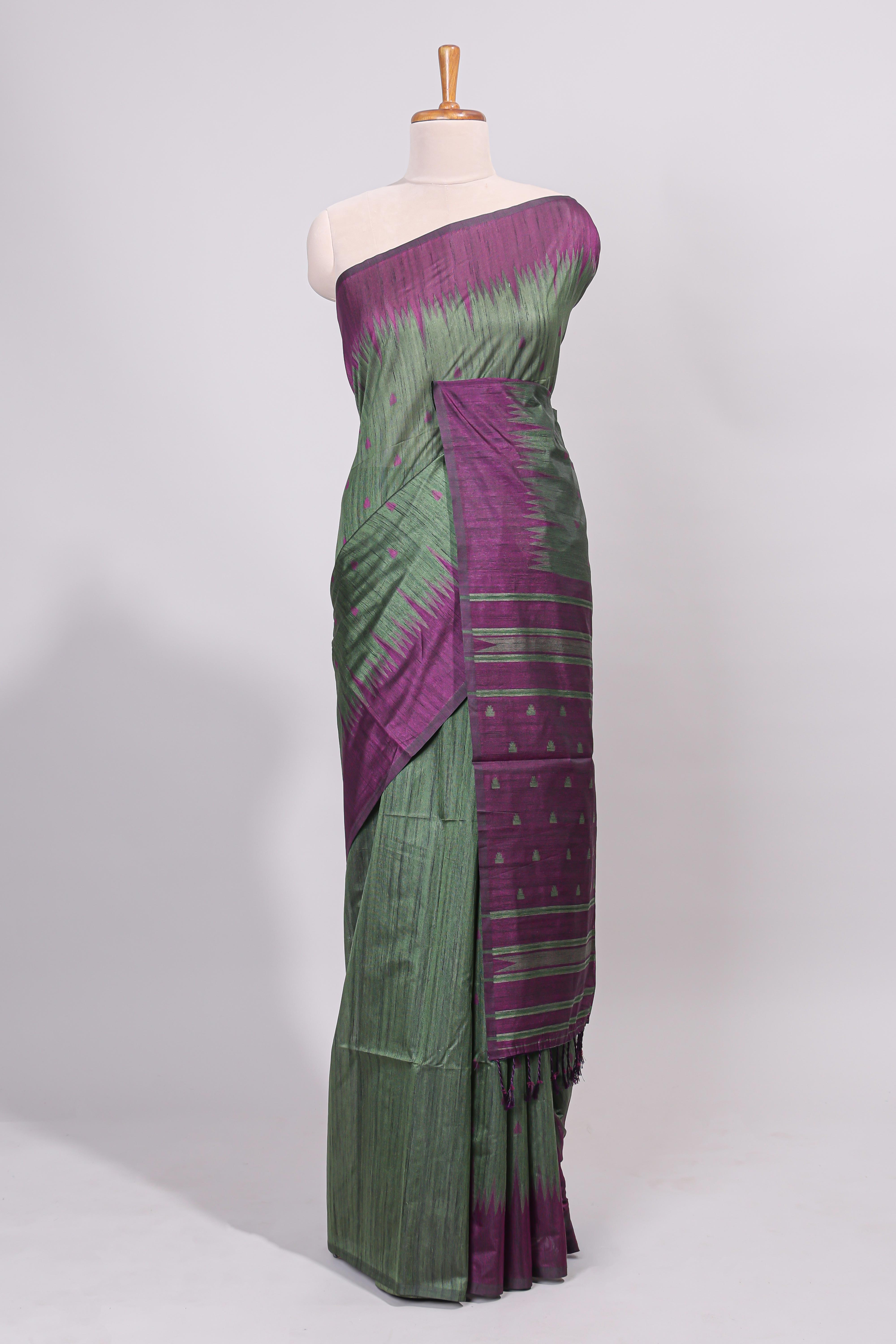 Bottel green ikkat motifs design semi tussar saree with contrast border and motifs blouse