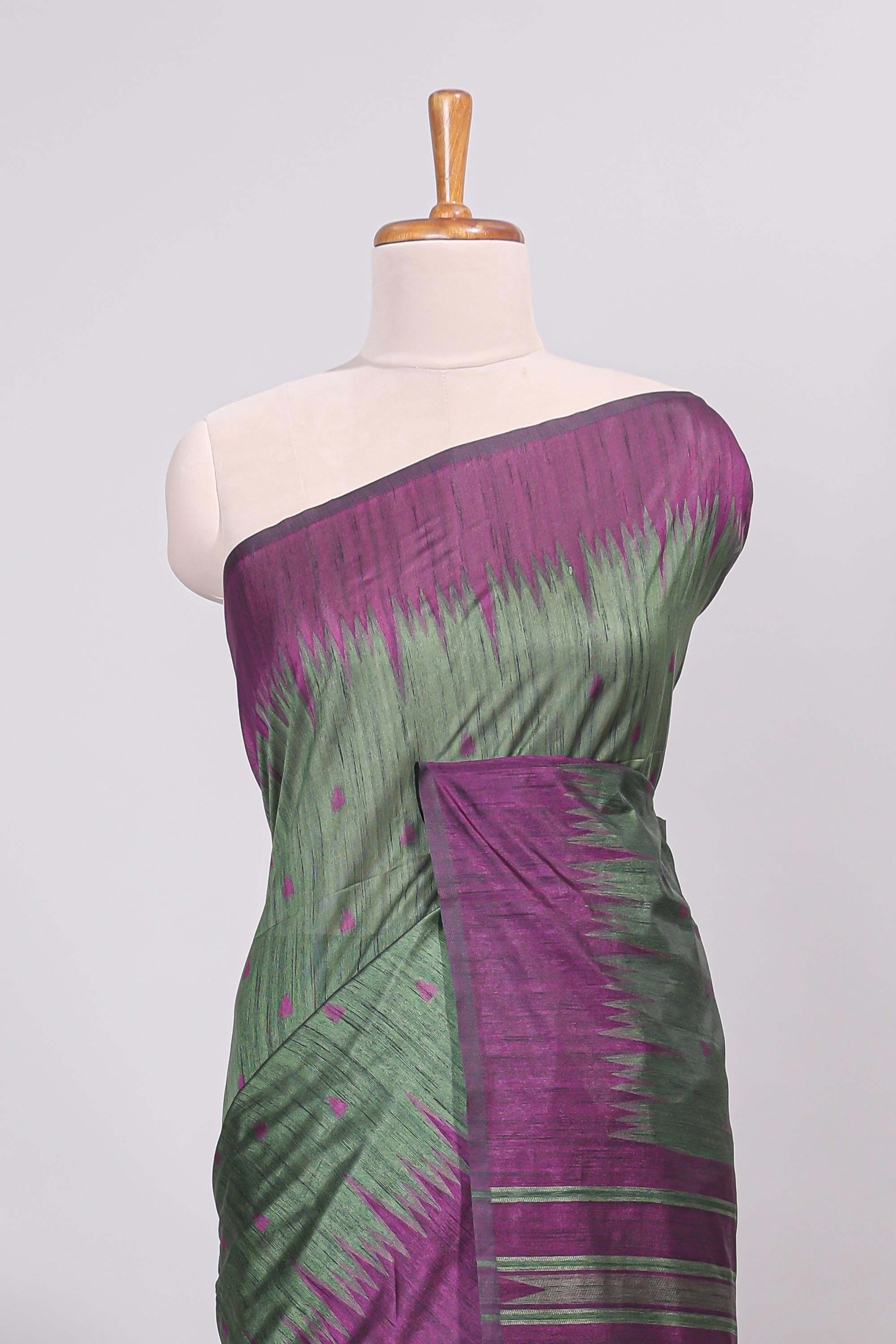 Bottel green ikkat motifs design semi tussar saree with contrast border and motifs blouse