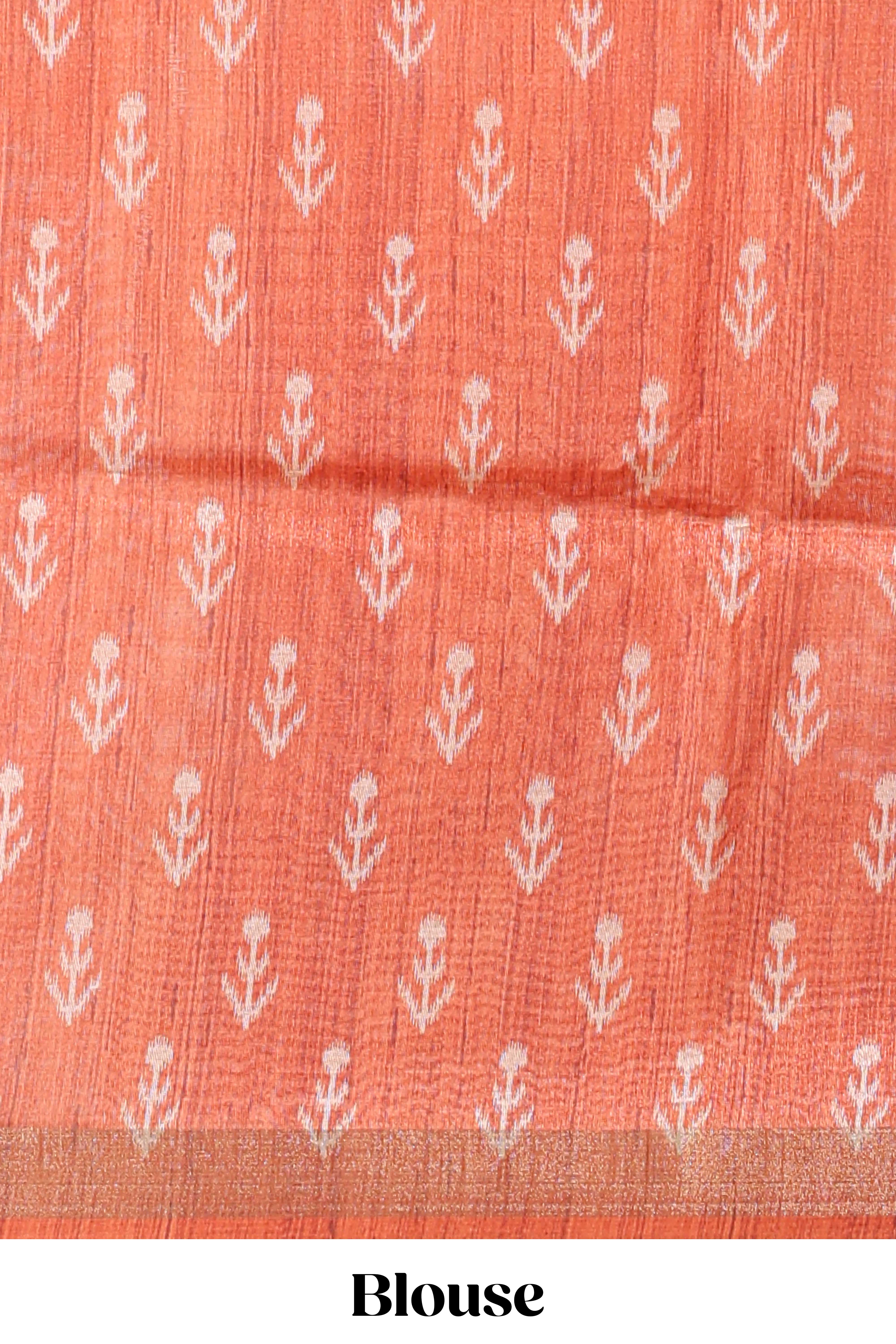 Rust maroon tussar saree all over body ikkat print with contrast small zari border , bandhani print pallu and ikkat contrast blouse