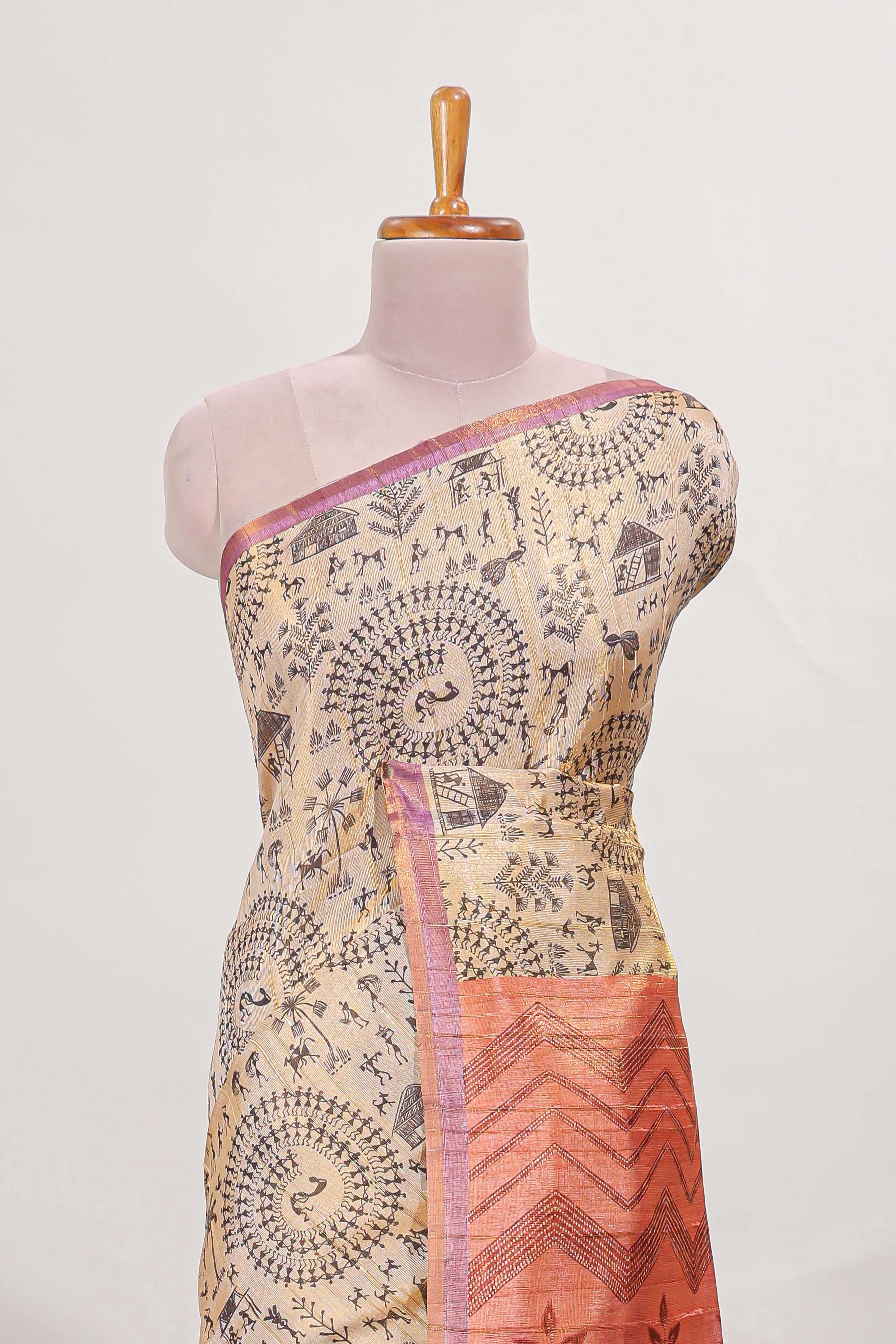 Sandal semi tussar saree all over body Warli print withleaf motifs pallu and contrast blouse