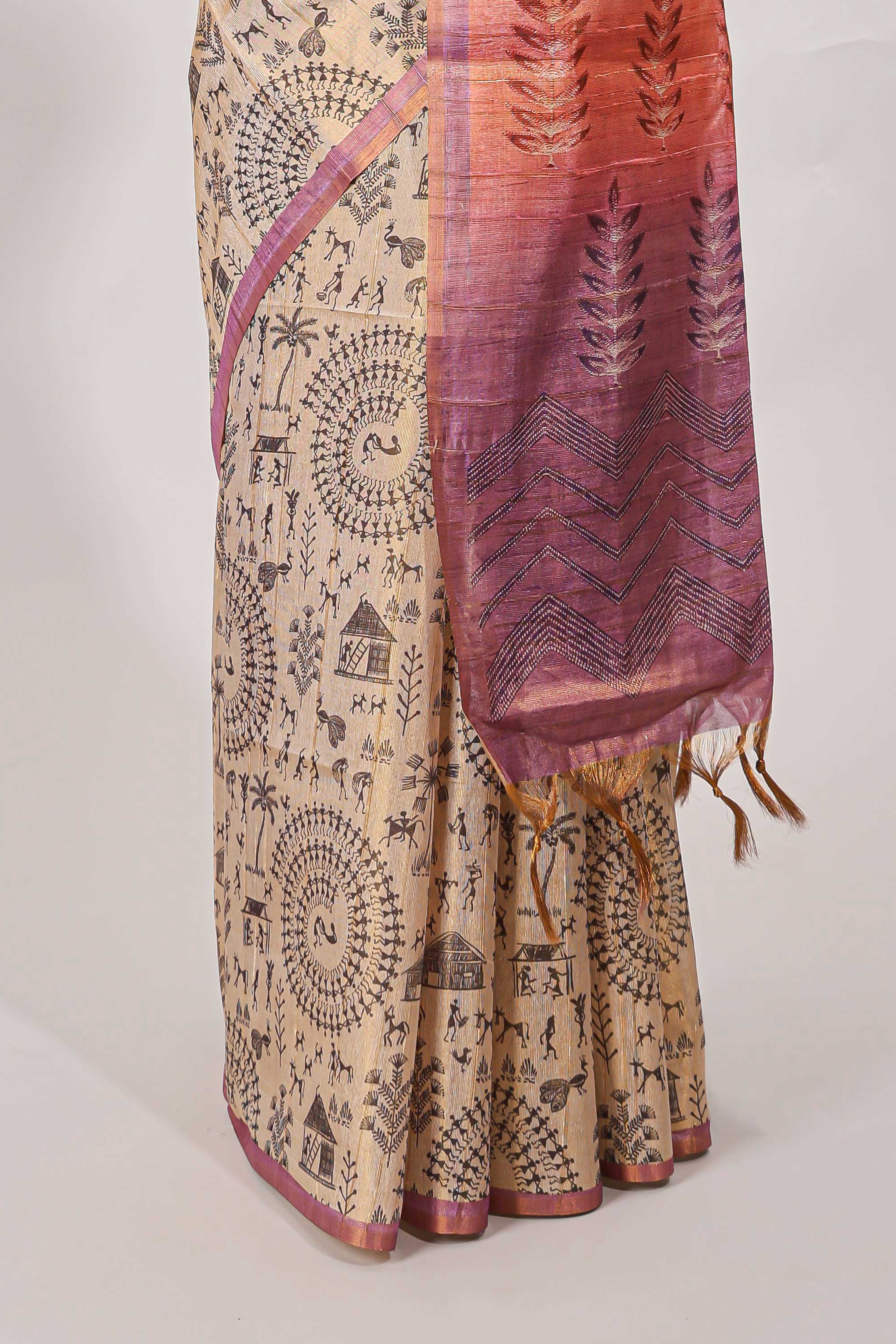 Sandal semi tussar saree all over body Warli print withleaf motifs pallu and contrast blouse