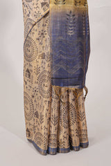 Sandal all over body Warli print withleaf motifs pallu and contrast blouse