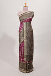 Violet tussar saree body ikkat print with contrast small zari border , bandhani print pallu and ikkat contrast blouse