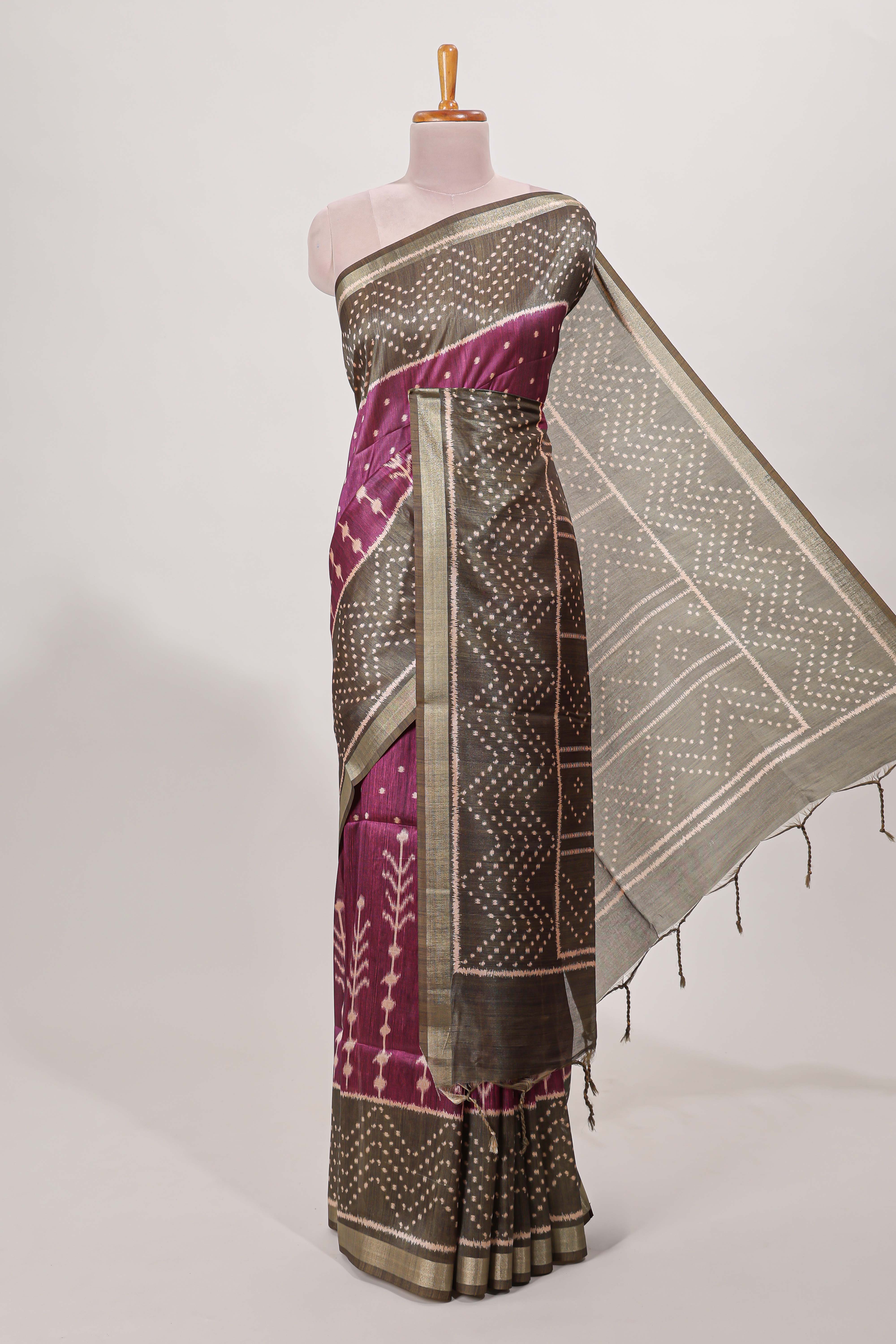 Violet tussar saree body ikkat print with contrast small zari border , bandhani print pallu and ikkat contrast blouse