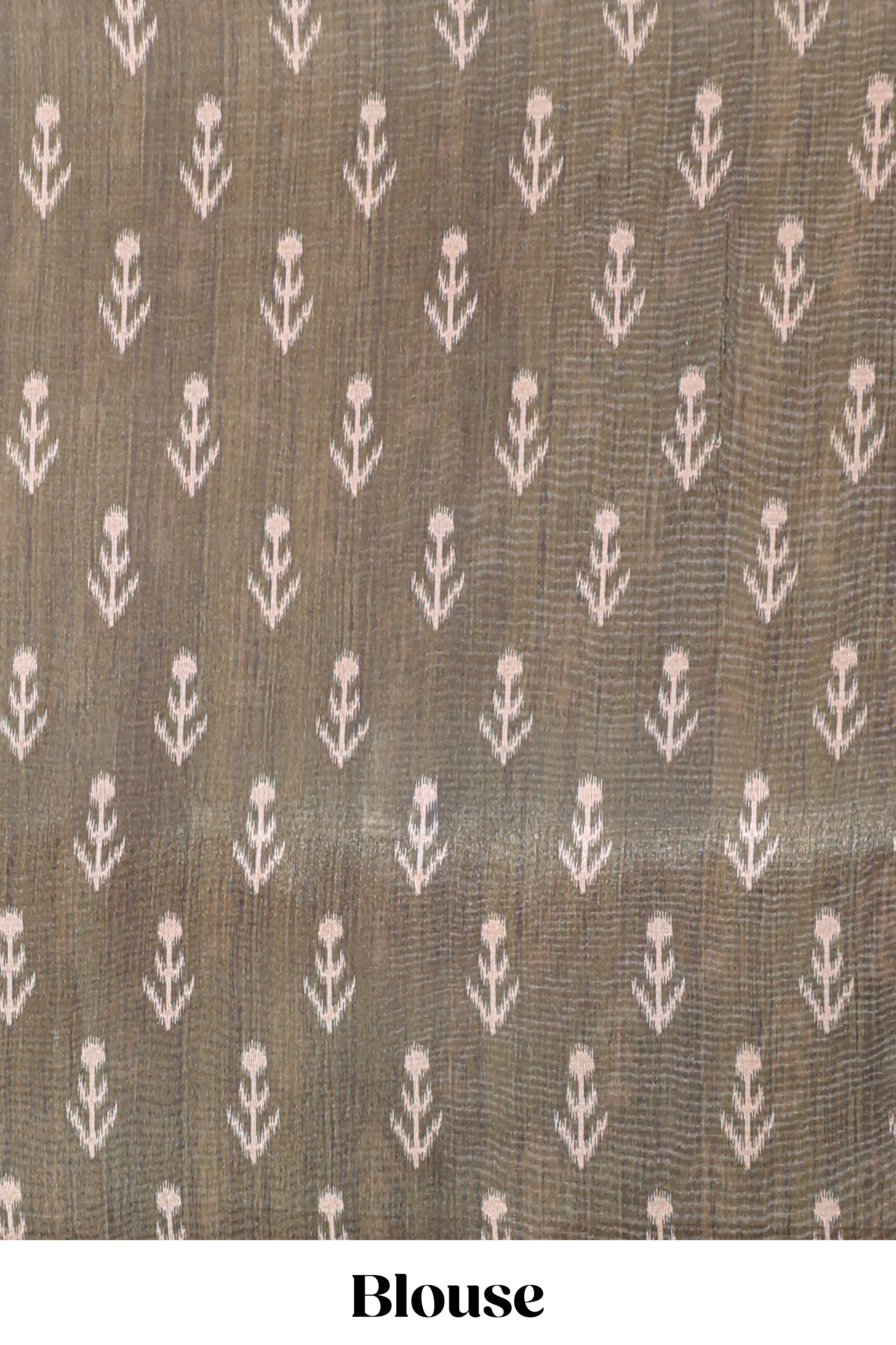Violet tussar saree body ikkat print with contrast small zari border , bandhani print pallu and ikkat contrast blouse